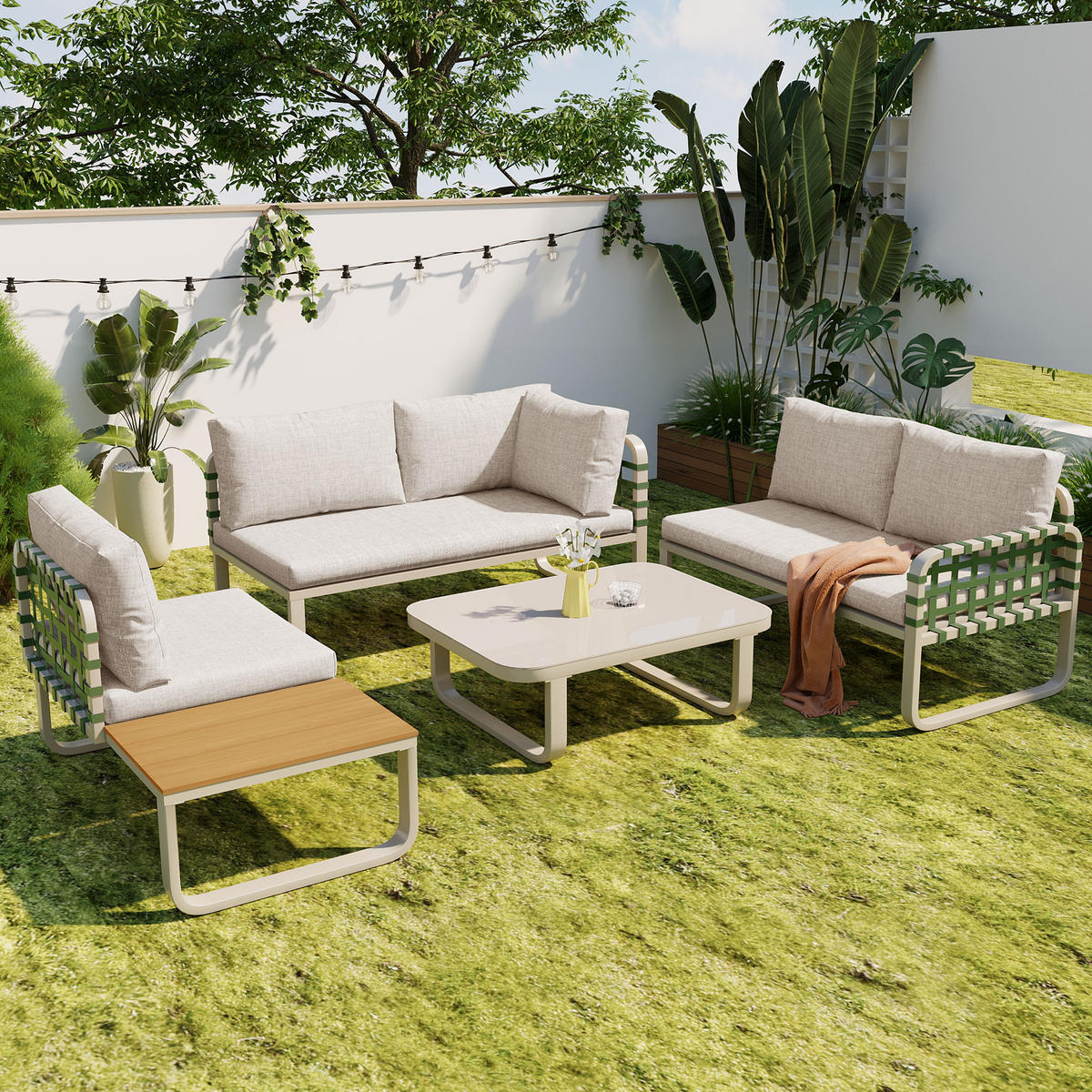 GARTEN Lounge Set 4 bis 5 Sitzer Grünes Leder Rattan Sofa mit Kissen Balkonset für Garten und Terrasse Aprikose - Creme, Metall - FLIEKS