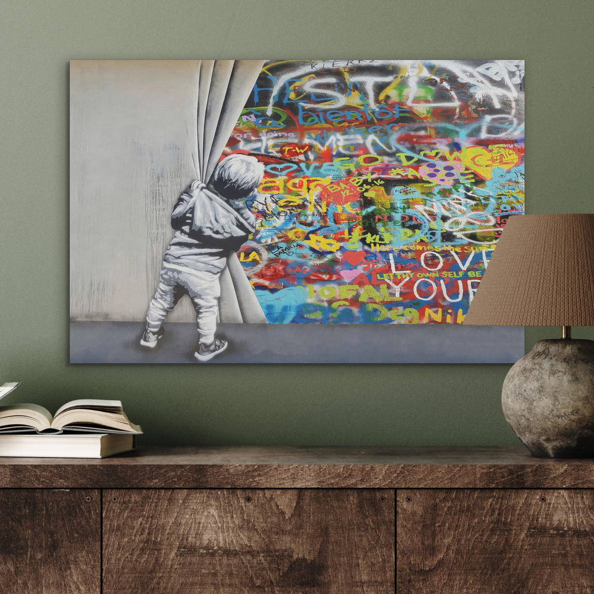 AKUSTIKBILD Graffiti - Junge - Ilussie - Straßenkunst Wanddeko 70x50 cm - Hellgrau, Kunststoff (70/50/0.9cm) - MuchoWow