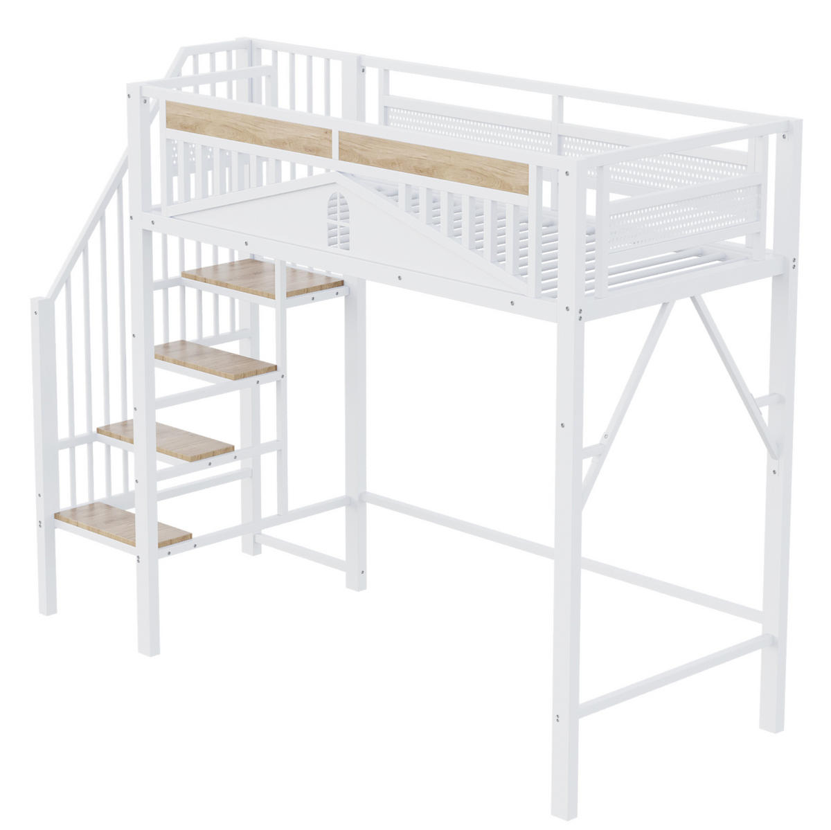 HOCHBETT 90/200 cm mit Sicherheitsleiter, Stauraum und Fenster-Schutzgitter, Weiß - Weiß, Metall (90/200cm) - Redom