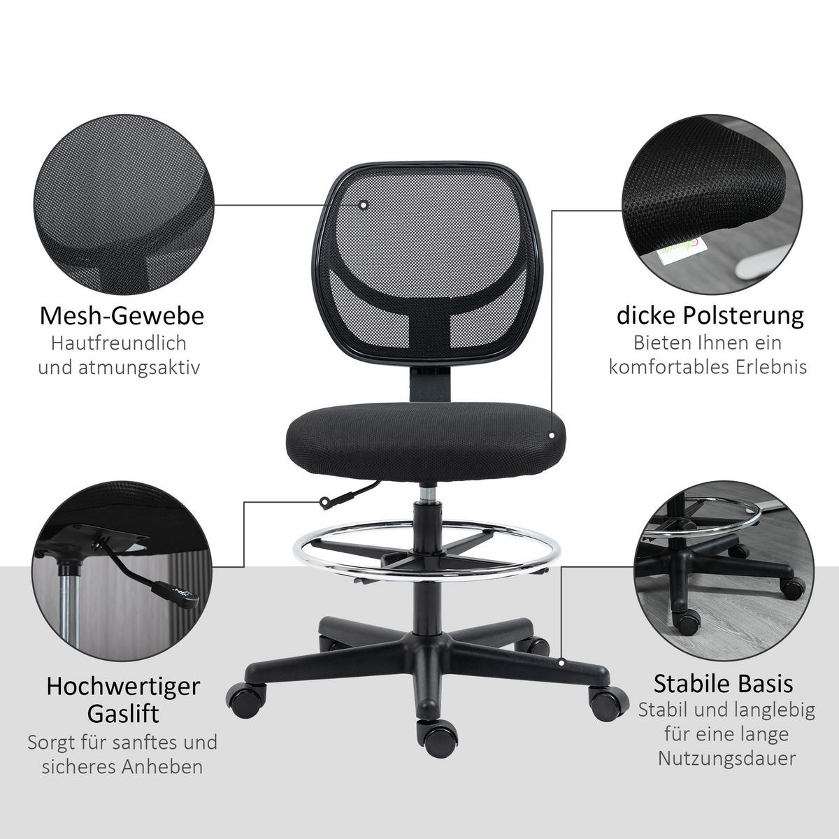 BÜROSTUHL, Ergonomischer, Schwarz - Schwarz, Textil (61/113/59cm) - Vinsetto