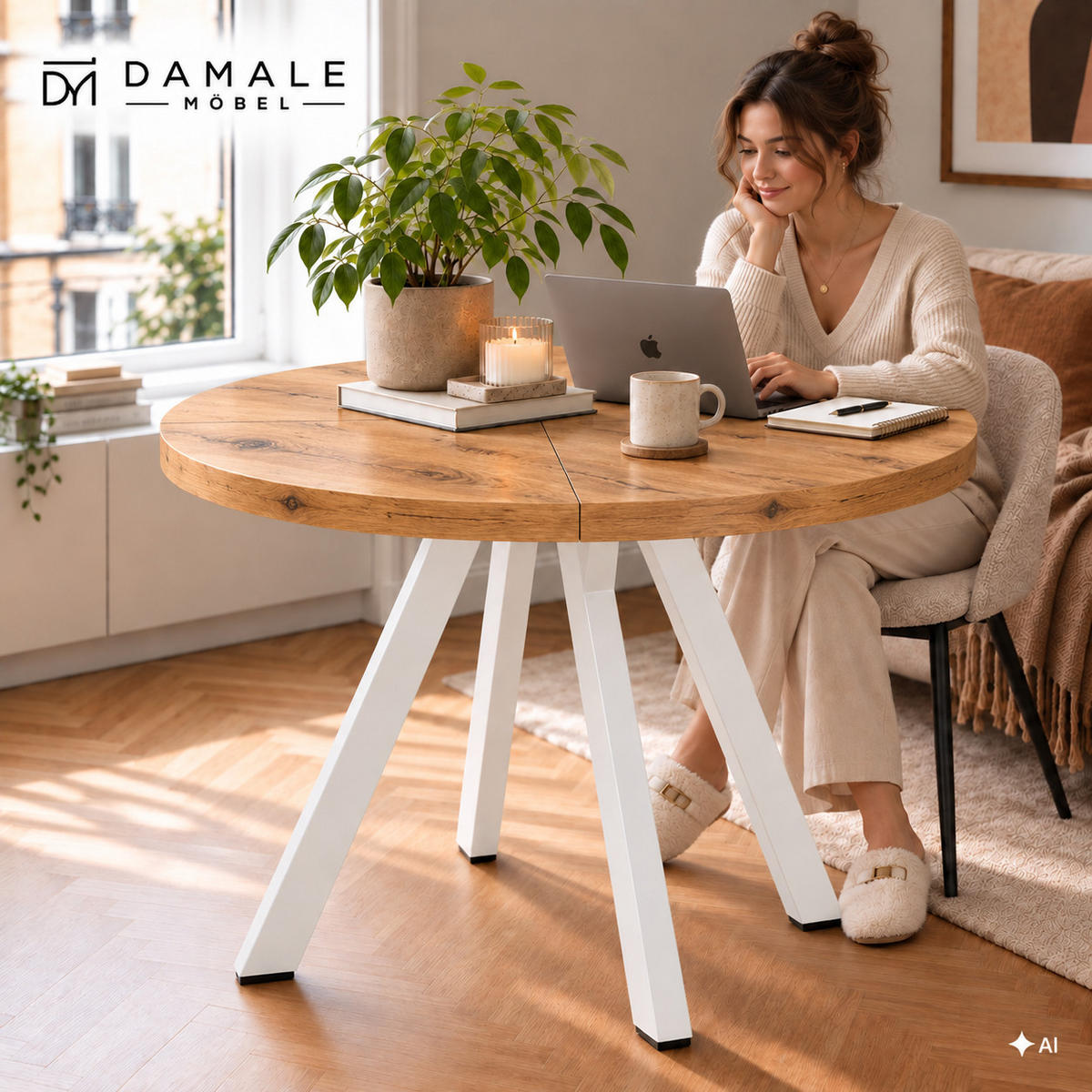 ESSTISCH rund ausziehbar 90/190/76 cm, Eiche Craft, 54 cm Tischplatte + Y Metallgestell Weiß - Eichefarben/Weiß, Holzwerkstoff/Metall (90/190/76cm) - Damale Möbel
