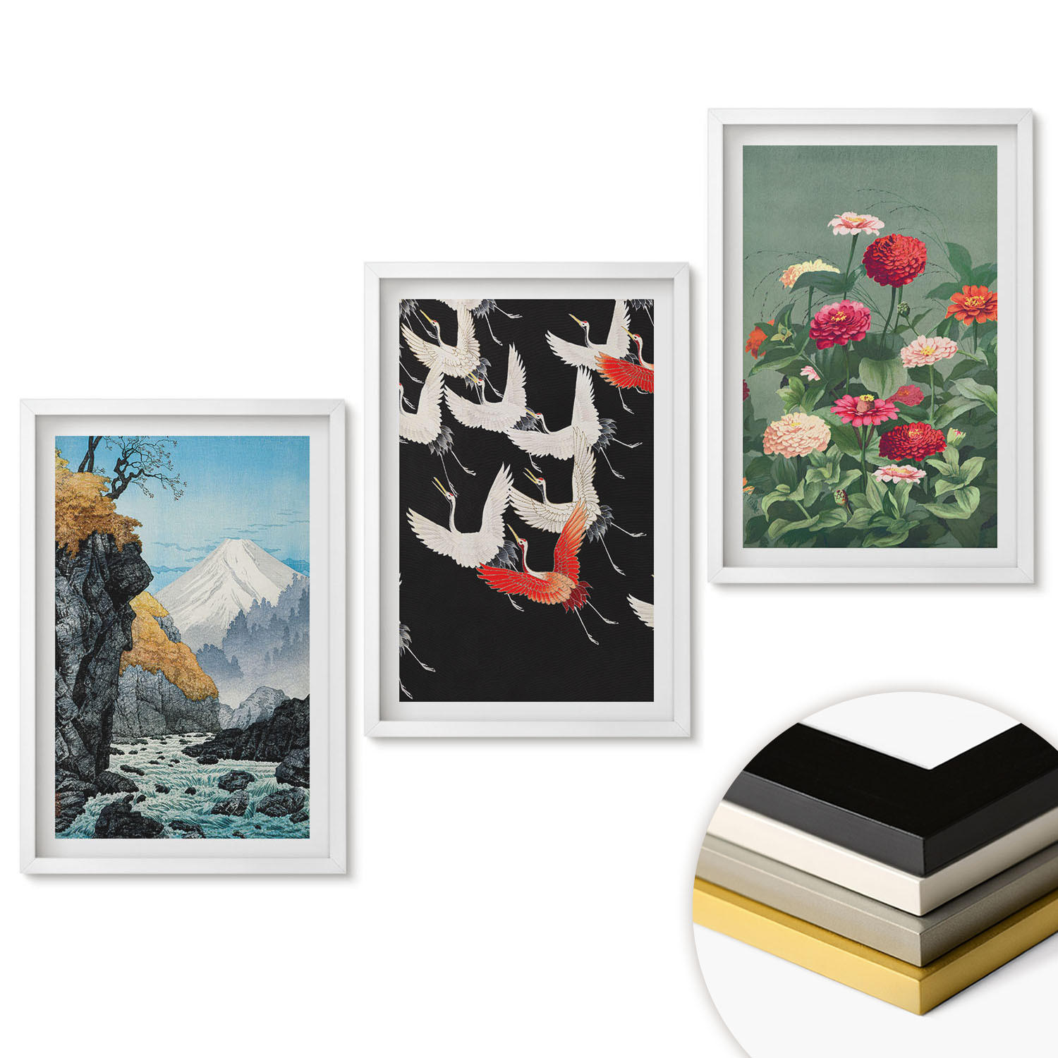 WANDBILDER 3er-Set - 40x60 cm Weißer Rahmen - Berge, Wasserfälle, Vögel, Blumen - Weiß, Kunststoff (40/60cm) - ArtPrintCave