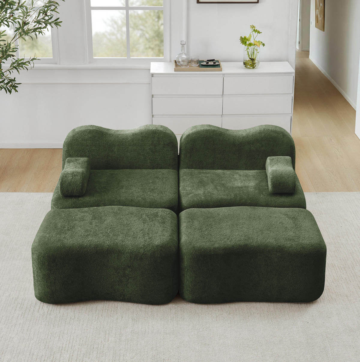 SOFA 192/167/70 cm in Grün aus Samt mit Ottomans - Grün, Textil (167/70/192cm) - Flora Grace