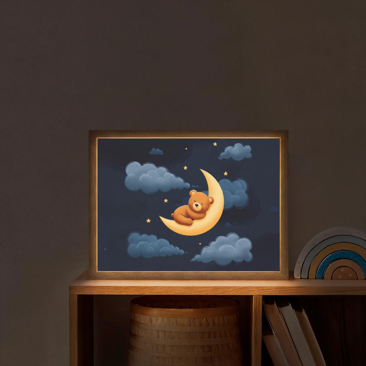 NACHTTISCHLAMPE MIT AKKU Teddybär - Mond - Wolken - Sterne 40x30 cm - Dunkelblau, Holzwerkstoff (8/40/30cm) - OnlyWow