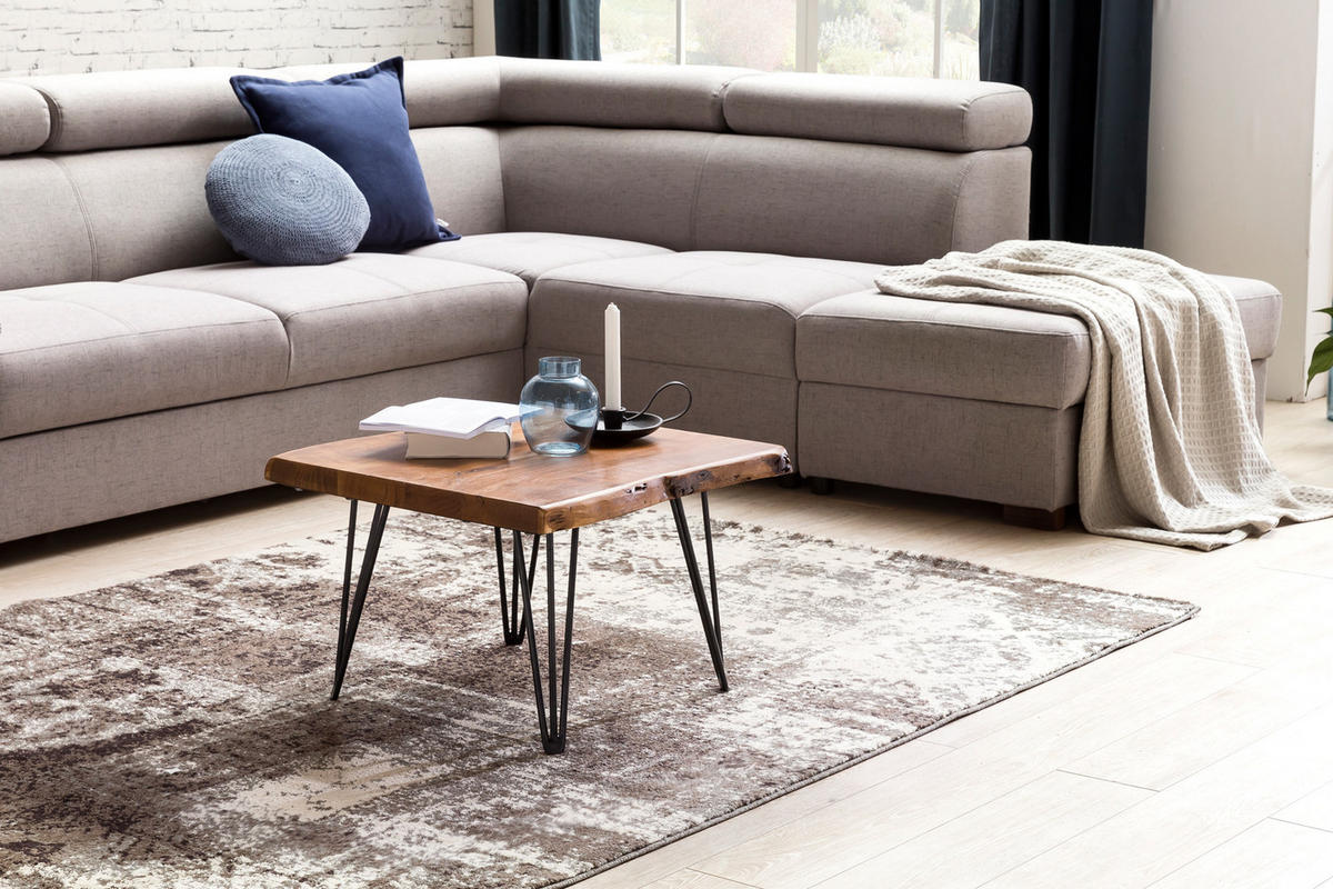 COUCHTISCH Massivholz Sheesham mit Baumkante und Haarnadelbeinen, Stil Natürlichkeit - Schwarz/Braun, Holz/Metall (51/56/38cm) - KADIMA DESIGN
