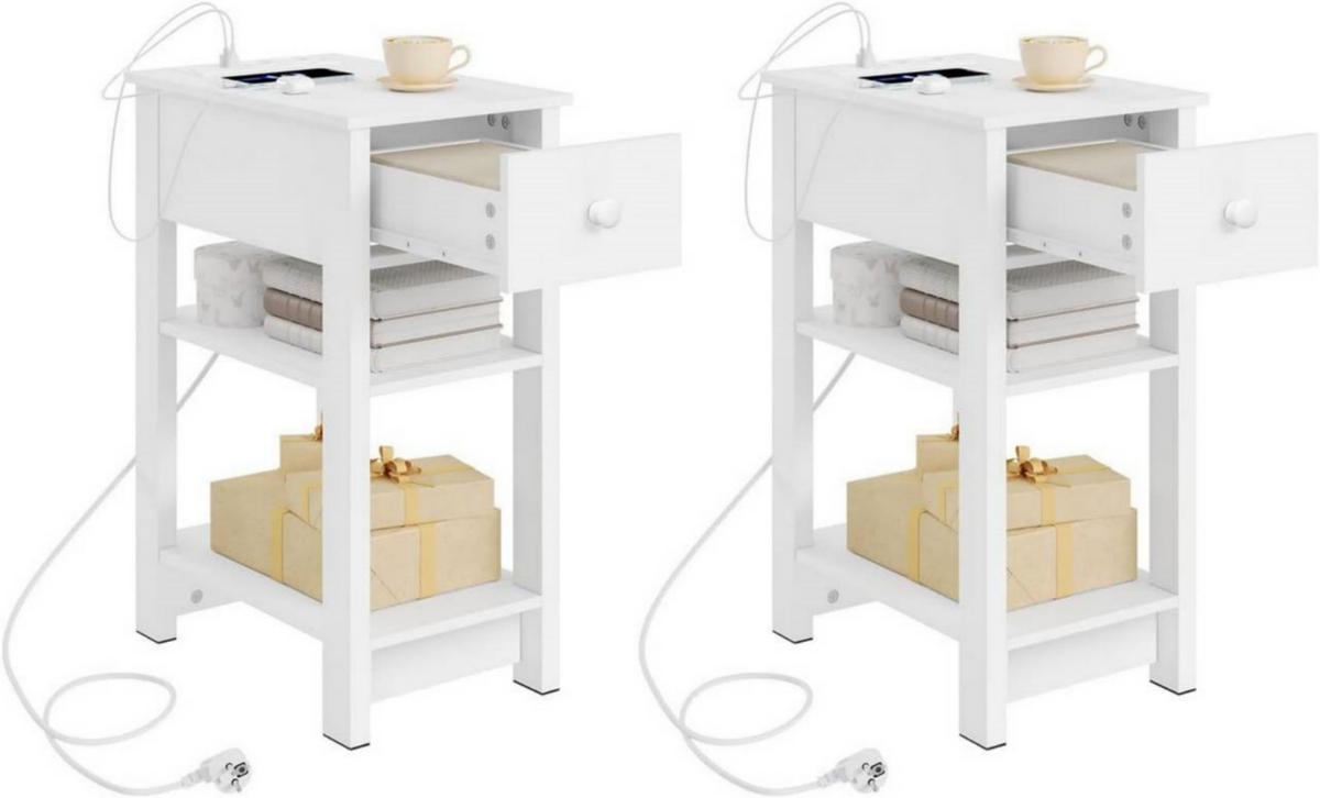 2ER Set NACHTTISCH mit Ladefunktion, 2 Steckdosen, 2 USB-Anschlüssen - Weiß, Holzwerkstoff (30/65/45cm) - Woltu