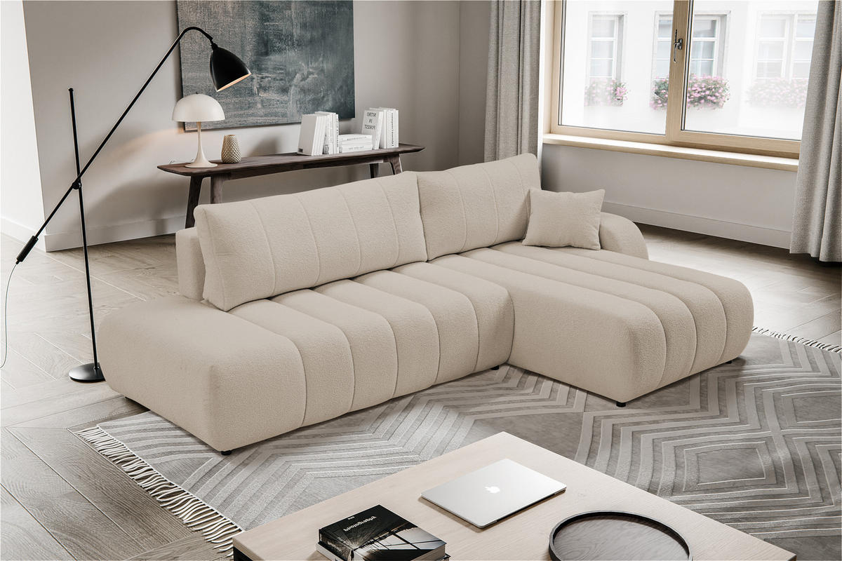 ECKSOFA Baloo mit Schlaffunktion und Bettkasten, komfortable Polsterung, Stoffbezug, lose Rückenkissen, freistehend, RECHTS, 276x176x88 cm, Beige - Beige, Holz/Textil (276/176cm) - DomoHome