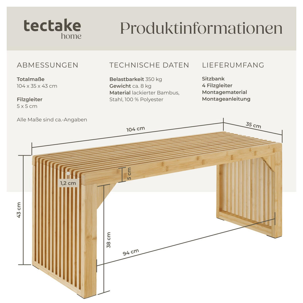 SITZBANK Ribb, Belastbarkeit 350 kg, Bambus - Beige, Holz (104/43/35cm) - tectake