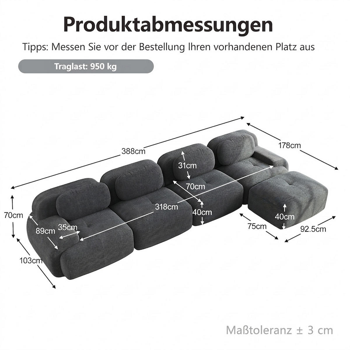 ECKSOFA 388/178/70 cm Grau Cord mit extra-breiten Armlehnen, Rahmenloses - Grau, Textil (388/178cm) - Oxeza