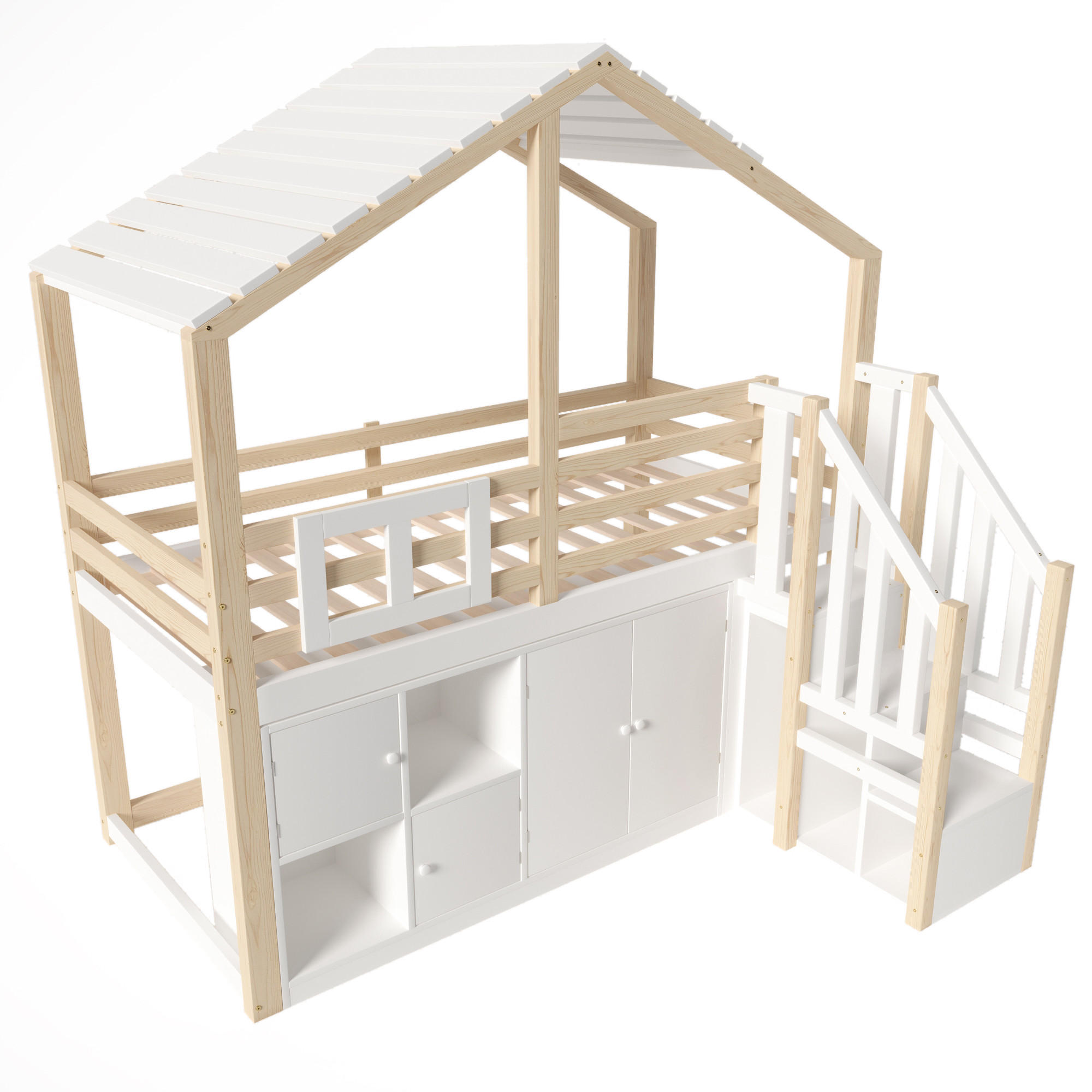 HOCHBETT 90/200 cm DE-04504 in Hausform mit Stauraumleiter und Schließfächern in Weiß/Natur - Weiß/Naturfarben, Holz/Holzwerkstoff (90/200cm) - ComfortXL