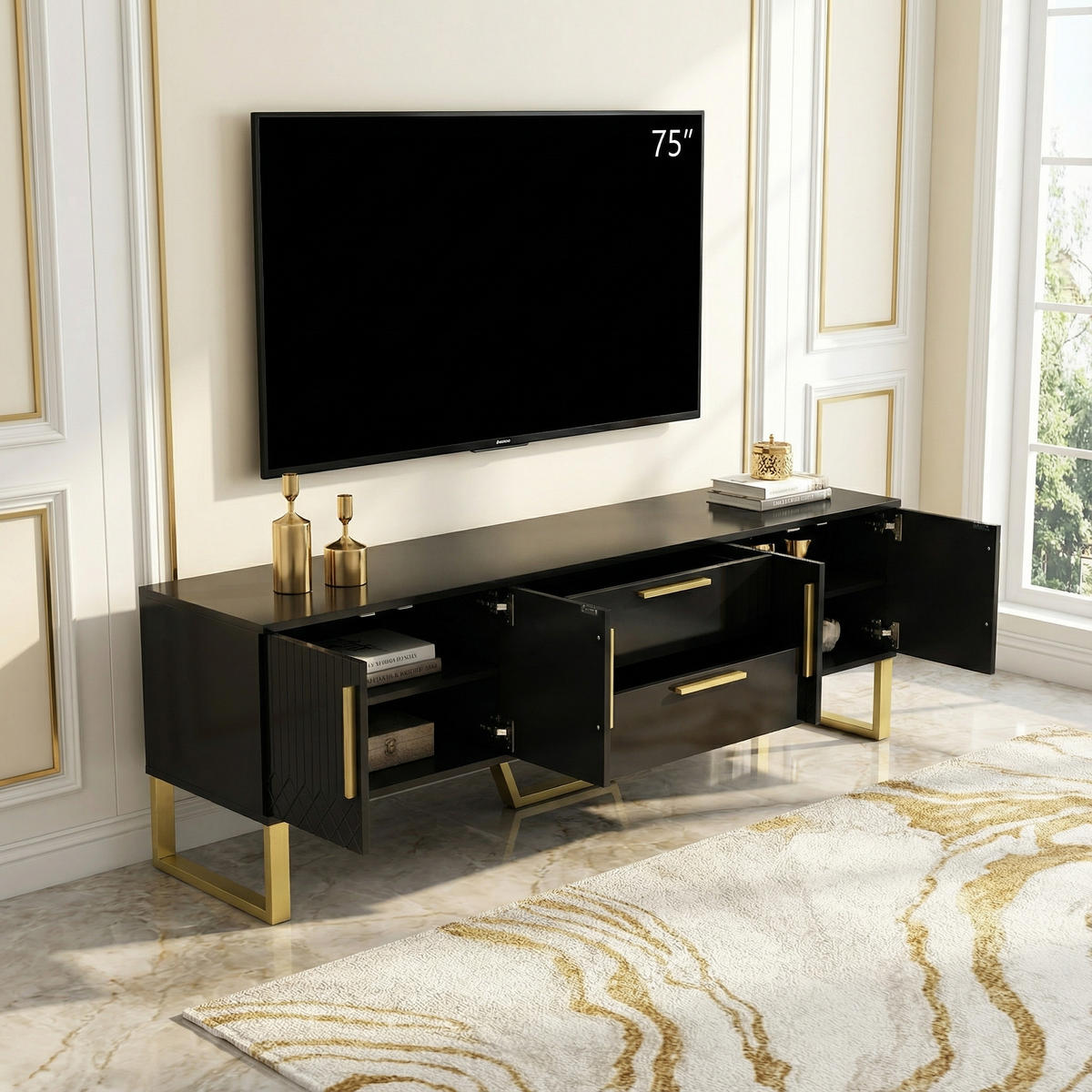 TV-SCHRANK 170 cm in Schwarz Hochglanz & Gold - Schwarz, Holzwerkstoff (170/53.5/40cm) - Urban Meuble