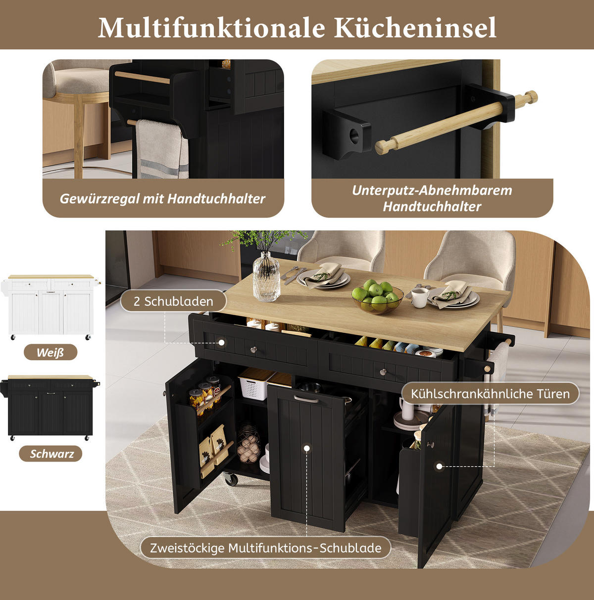 KÜCHENINSEL 140/40-70/92 cm aus MDF mit ausziehbarer Klappplatte, Schubladen und Rollen, Schwarz/Natur - Schwarz, Holzwerkstoff (140/92/70cm) - Redom