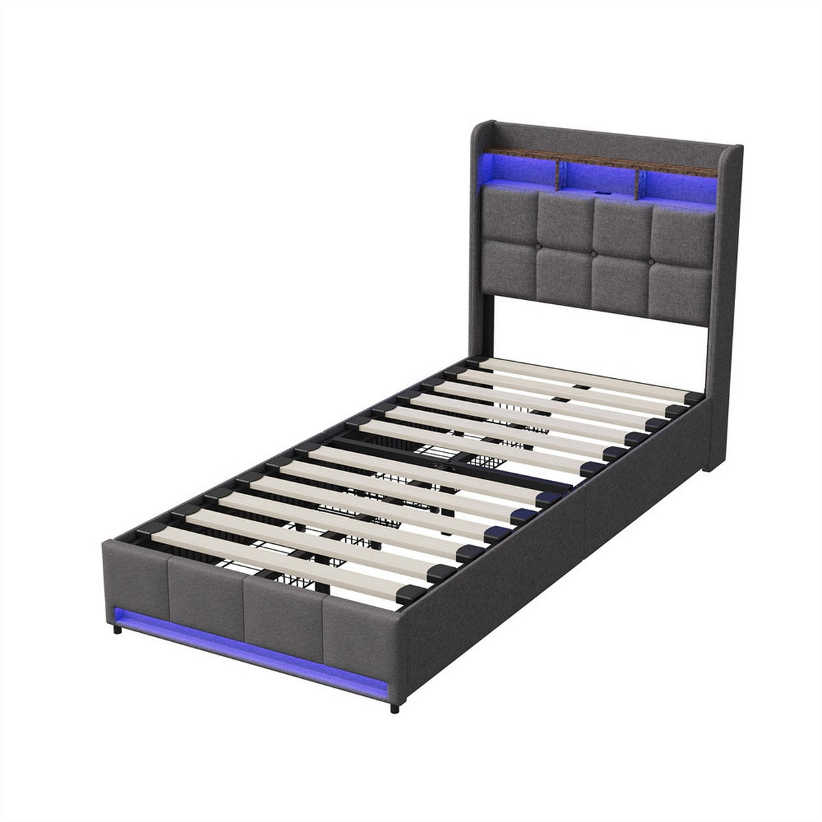 POLSTERBETT 90x200cm mit 2 Schubladen - Einzelbett - RGB-LED-Beleuchtung Ladestation - ohne Matratze - Grau - Grau, Textil (90/200cm) - DELFA