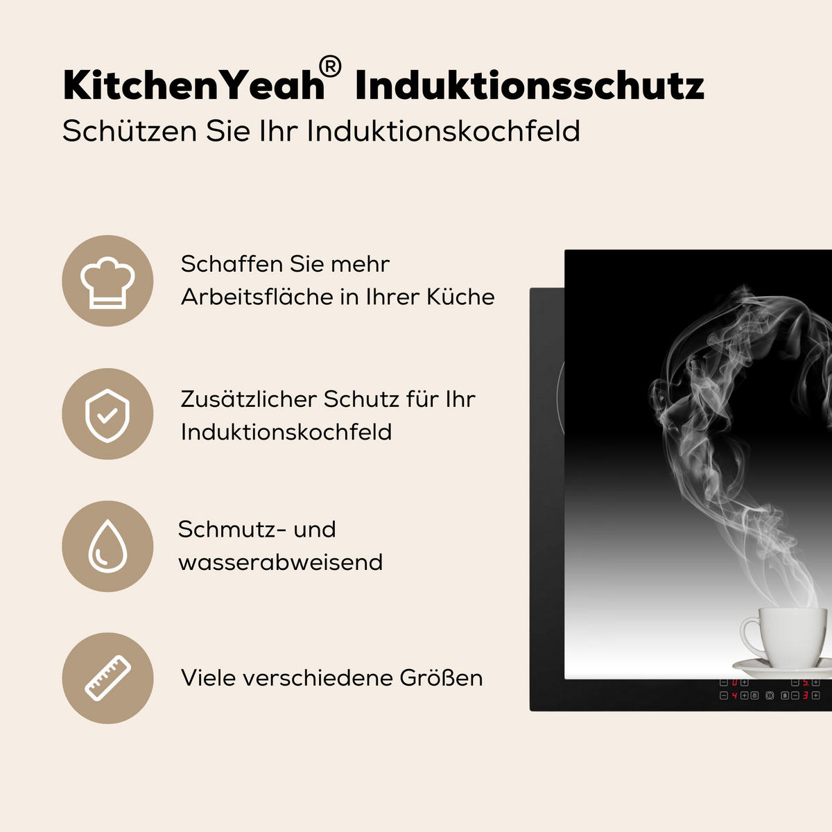 HERDABDECKPLATTE Kaffee - Herz - Schwarz und weiß - Tassen Herdabdeckung Induktionsfeld 75x52 cm - Weiß, Kunststoff (75/52/0.2cm) - MuchoWow