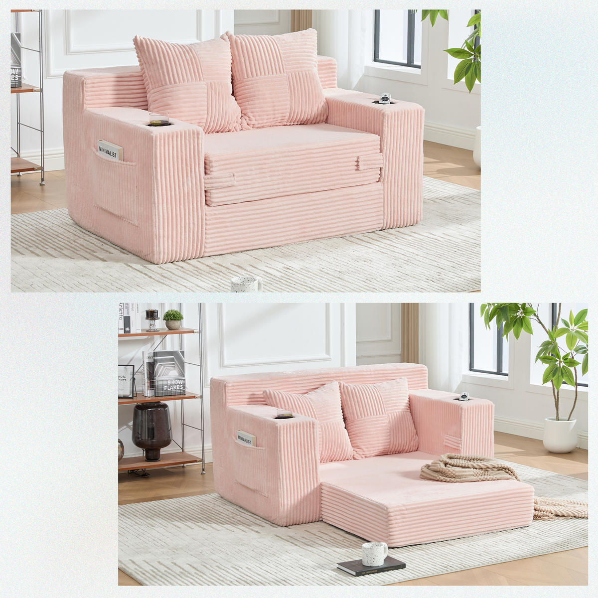 1,5-SITZER ausklappbar, Getränkehalter/Seitentasche, Cord, Rosa - Rosa, Textil (133/64/87cm) - LVHOM