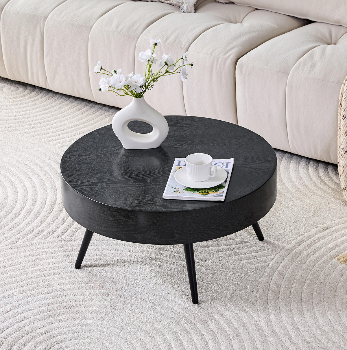COUCHTISCH 70/70/35,5 cm mit runder Tischplatte, verstellbaren Füßen und MDF-Holzoptik, Schwarz - Schwarz, Holzwerkstoff (70/70/35.5cm) - Redom