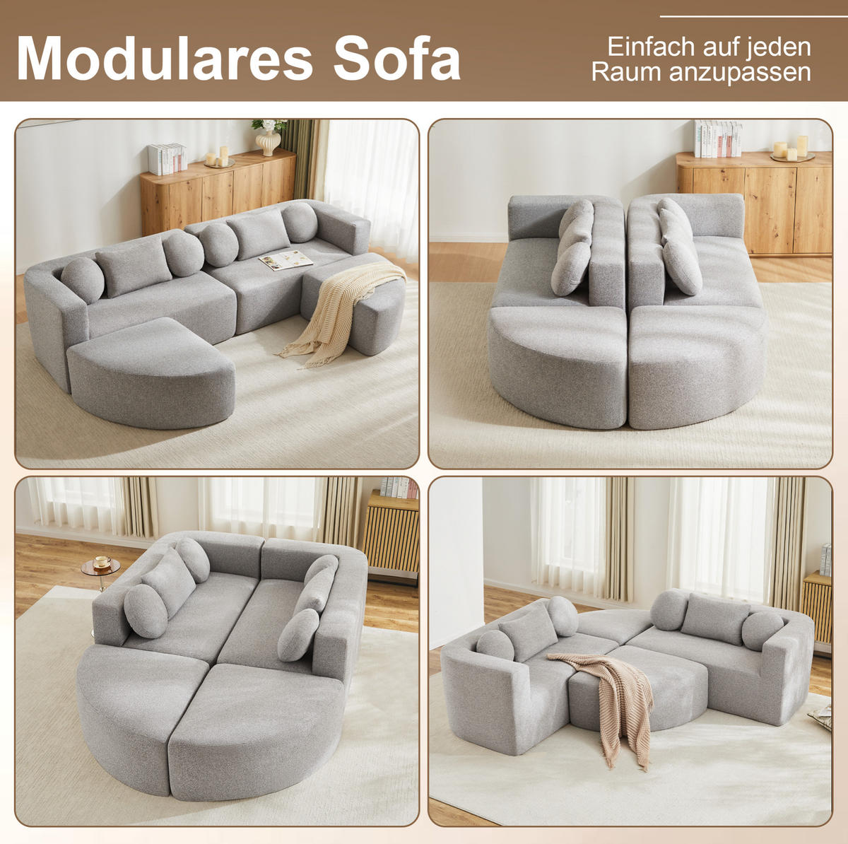 MODULÁRNÍ rozkládací pohovka z chenillu 292x68x165 cm šedá bez montáže s funkcí spaní a měkkým cloud čalouněním - šedá, textil (292/68/165cm) - Modfu
