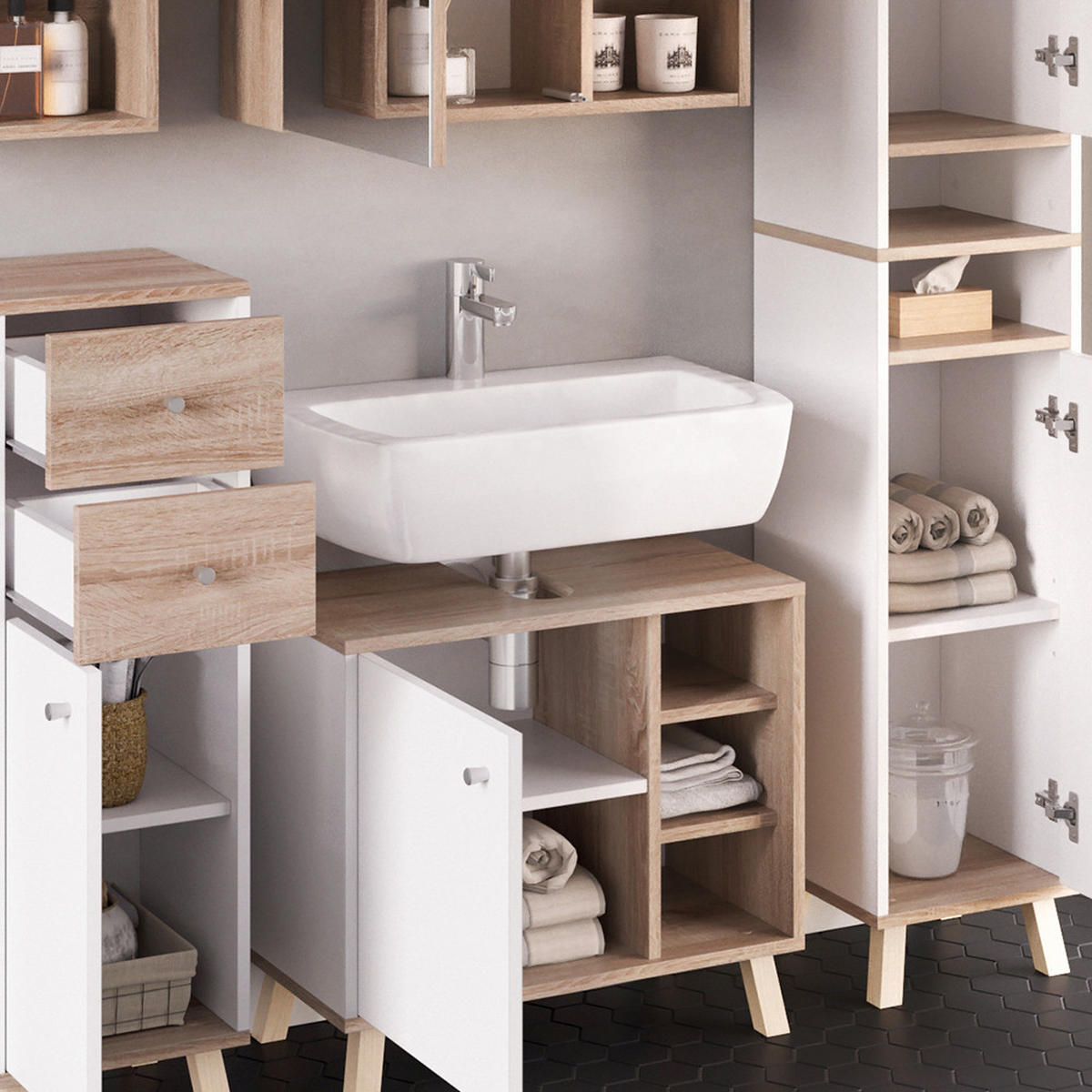 BADMÖBEL-SET Senyo Weiß 5 Teile - Weiß/Sonoma Eiche, Holzwerkstoff (62/54/32cm) - Vicco