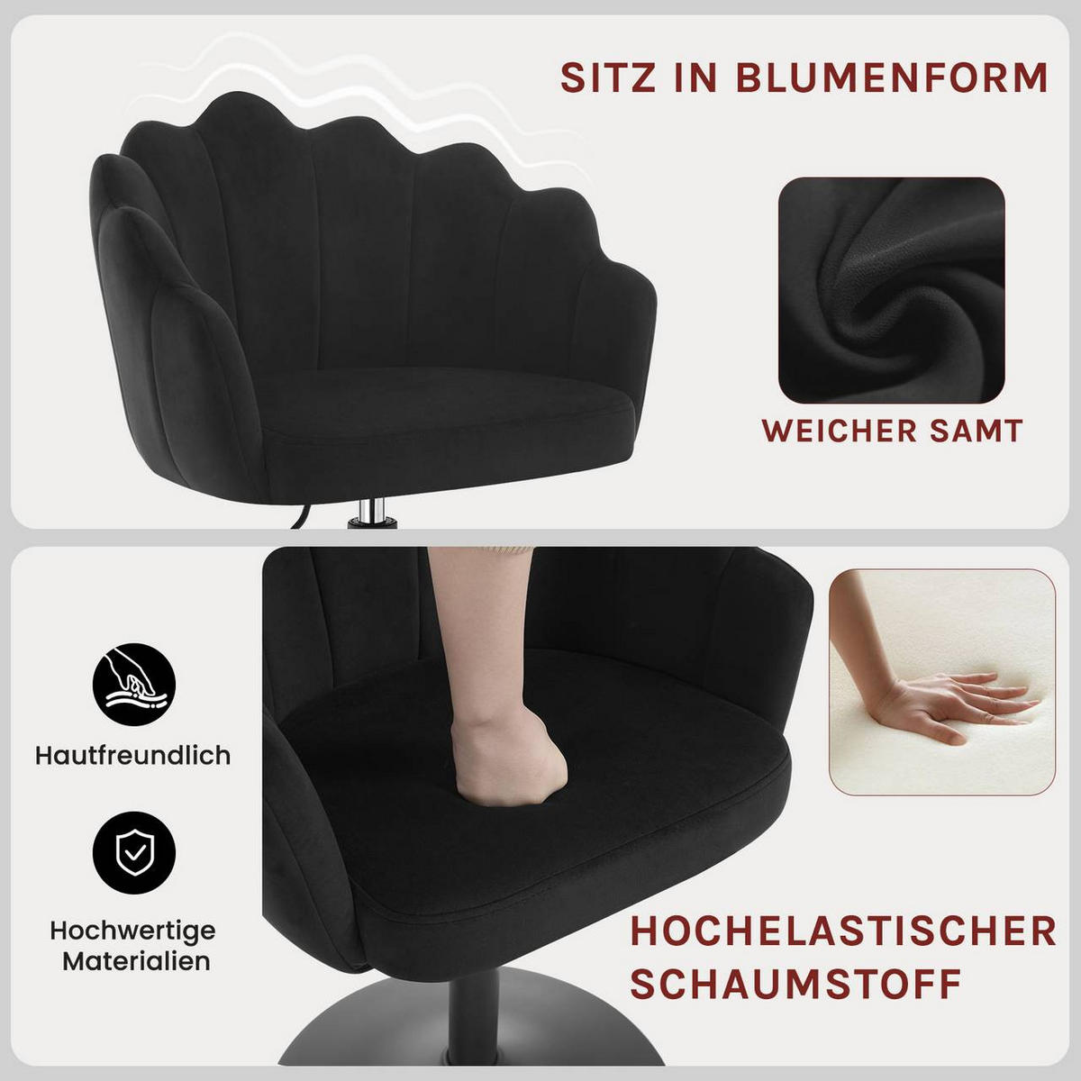 DREHSTUHL, Blumenform, Smt, Schminkstuhl, Schwarz - Schwarz, Textil/Metall (55/67/50cm) - Woltu