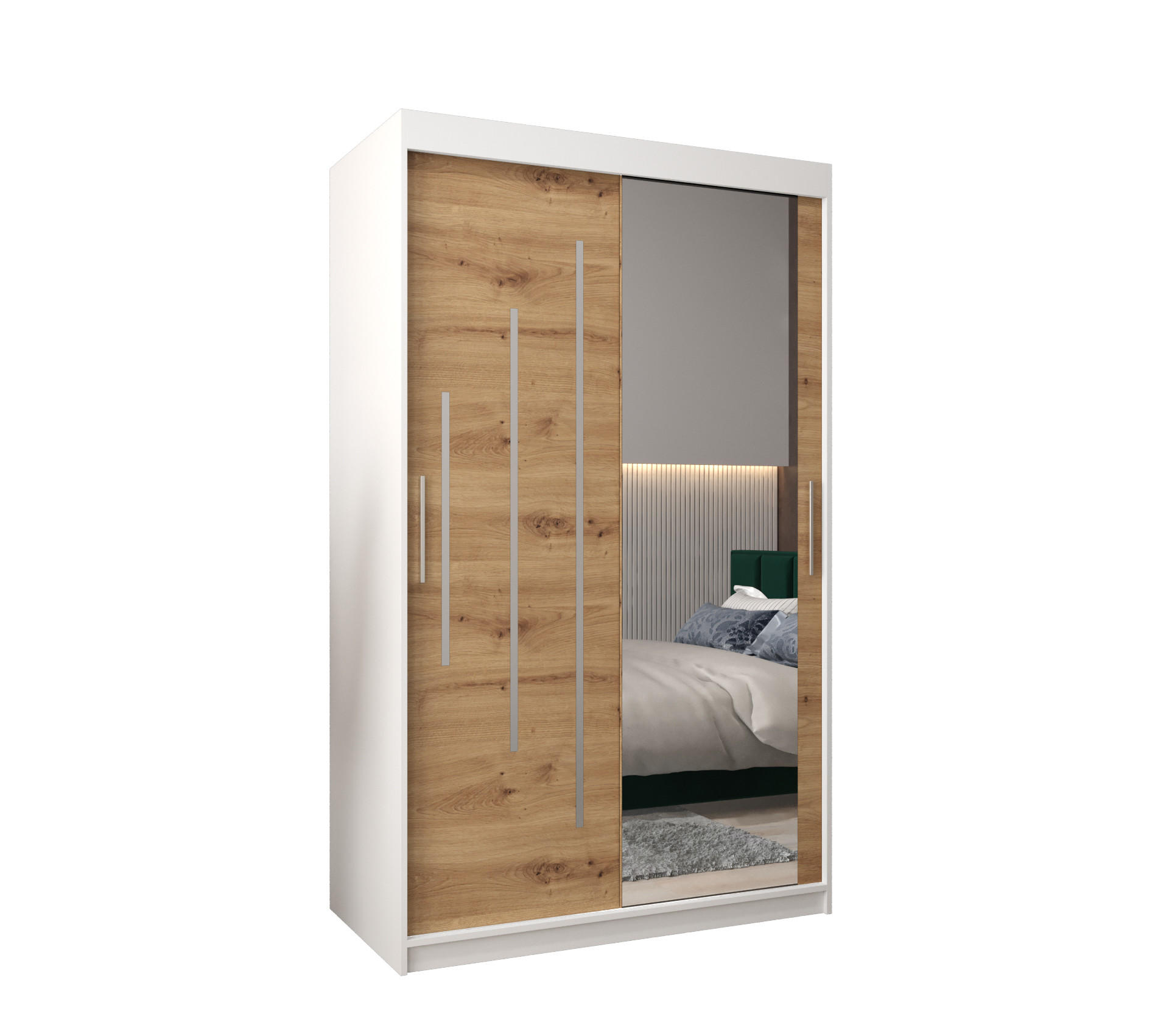 Abiks Möbel Schwebetürenschrank Weiß, Eiche Artisan 120x200x62 cm