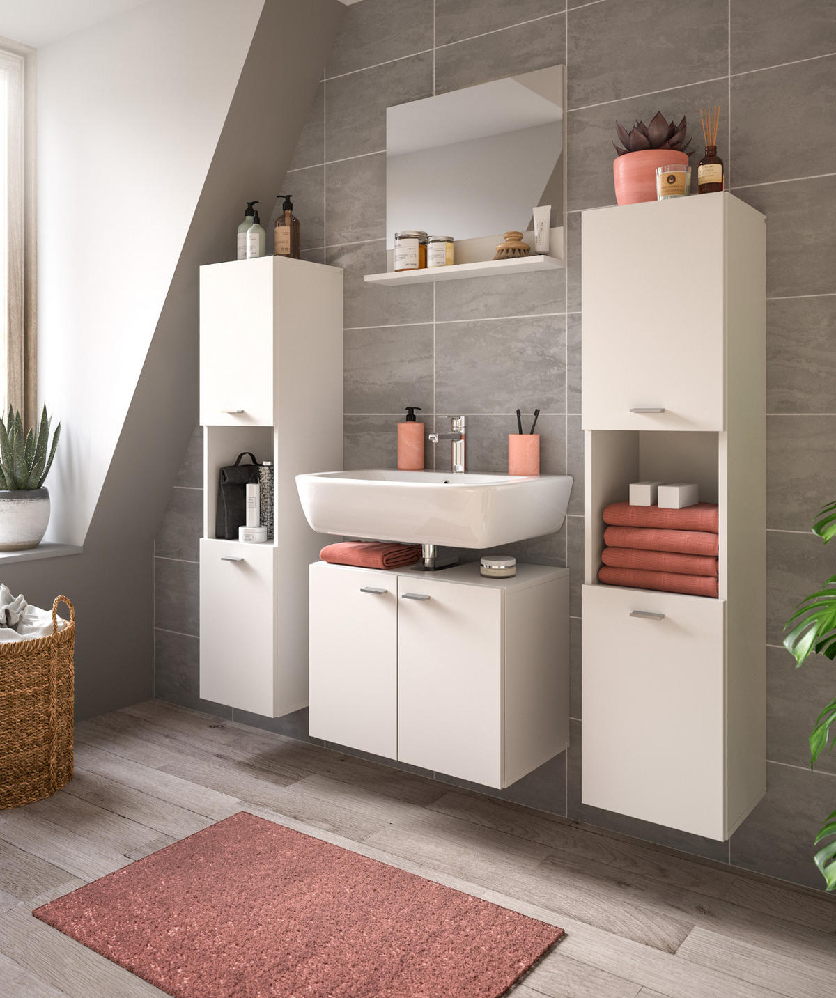 MIDISCHRANK weiß 30 cm, Badschrank hängend oder stehend - Silberfarben/Weiß, Holzwerkstoff/Kunststoff (30/125/29cm) - Inn.Furn