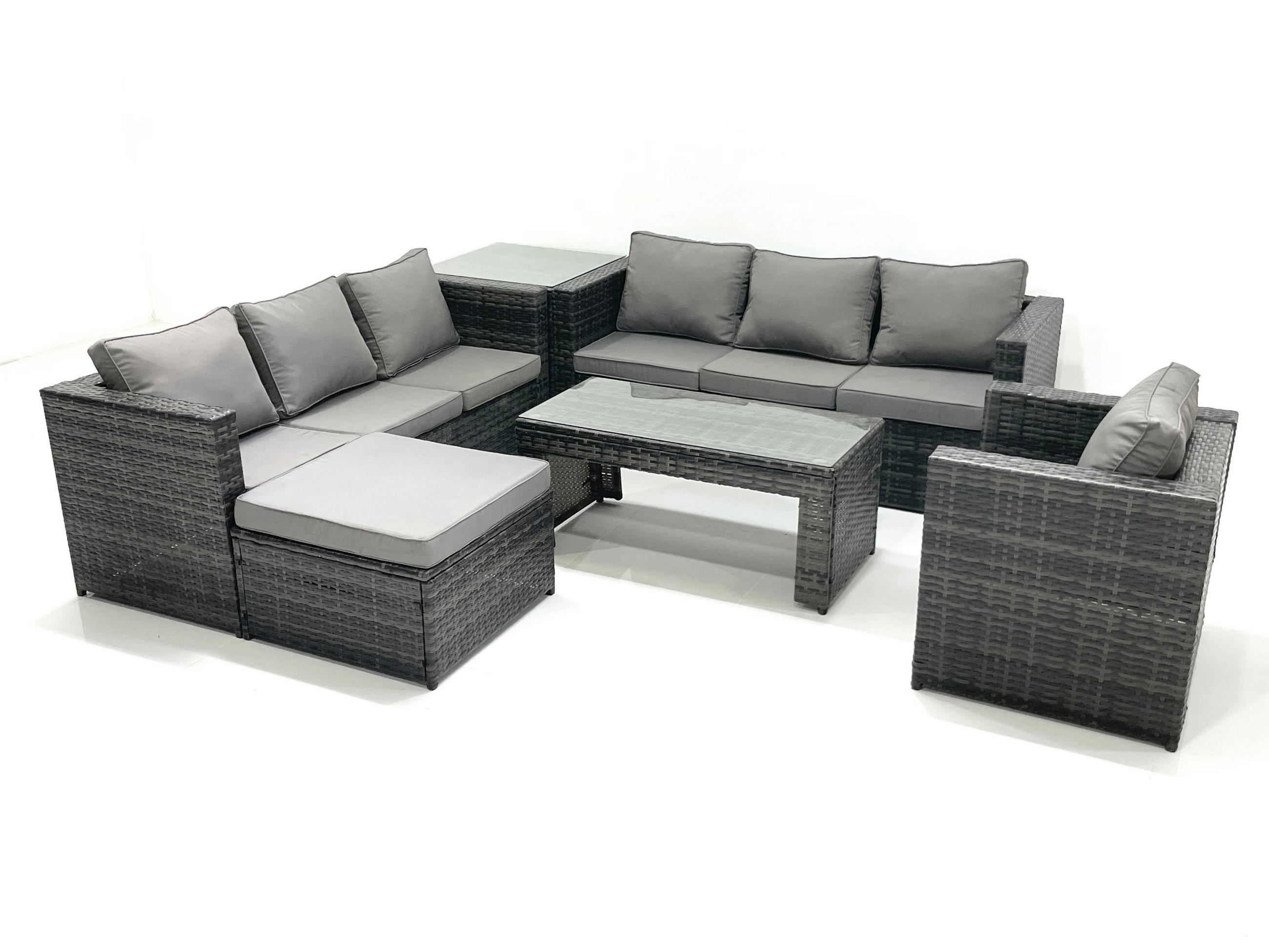 GARTENMÖBEL-SET COUCHTISCH SESSEL SOFA mit HOCKER Polyrattan Dunkelgrau Gemischt 8-Sitzer - Dunkelgrau/Grau, Glas/Kunststoff - Fimous