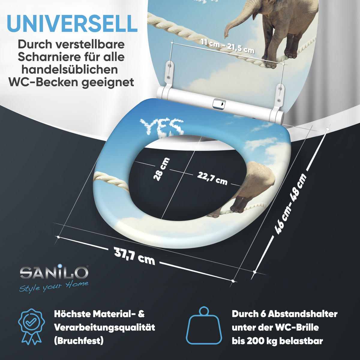 WC-SITZ mit Absenkautomatik & Top Fix Yes you can - Blau, Holzwerkstoff (37.7/5.5/48cm) - Sanilo