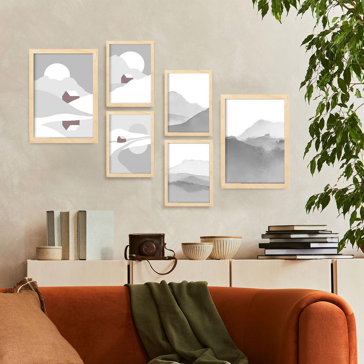 POSTER Set Mit 6 Naturtöne Landschaft Größe A3 & A4 Rahmen aus hellem Holz - Beige, Papier (29.7/1cm) - Nacnic