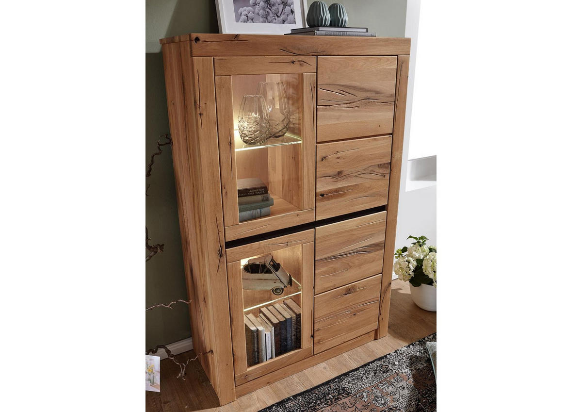 VITRINE Wild-/Zerreiche 95x42x150 natur geölt MONTREUX #102 - Braun, Holz (95/150/42cm) - Massivmoebel24