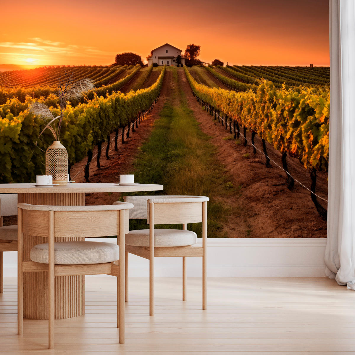FOTOTAPETE für Esszimmer Weinberg Sonnenuntergang Obstgarten 450x315 - Gelb/Beige, Papier (450/315cm) - Muralo