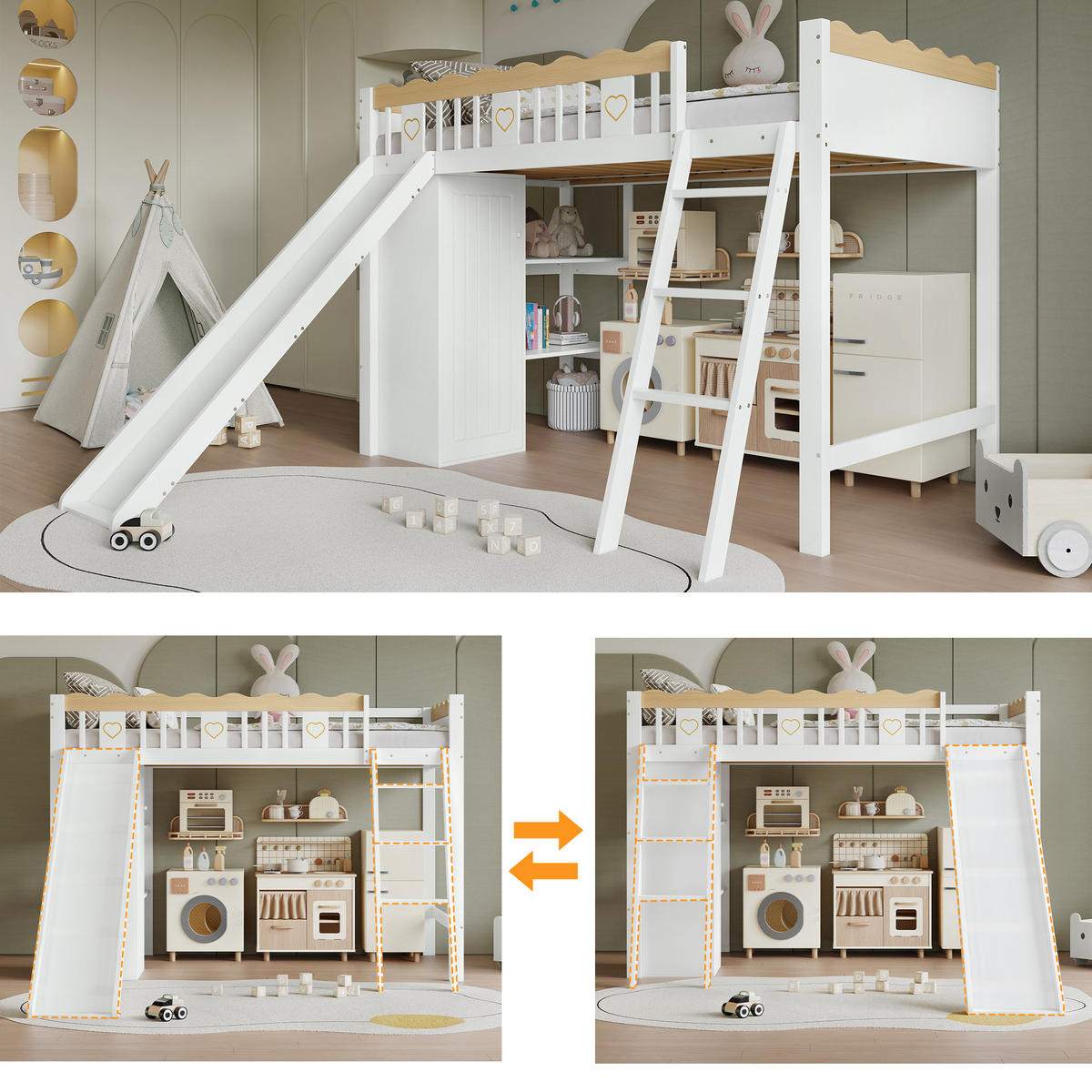 HOCHBETT 90x200 cm Rutsche Schrank Stauraum - Weiß, Holz (90/200cm) - LEBENLANG