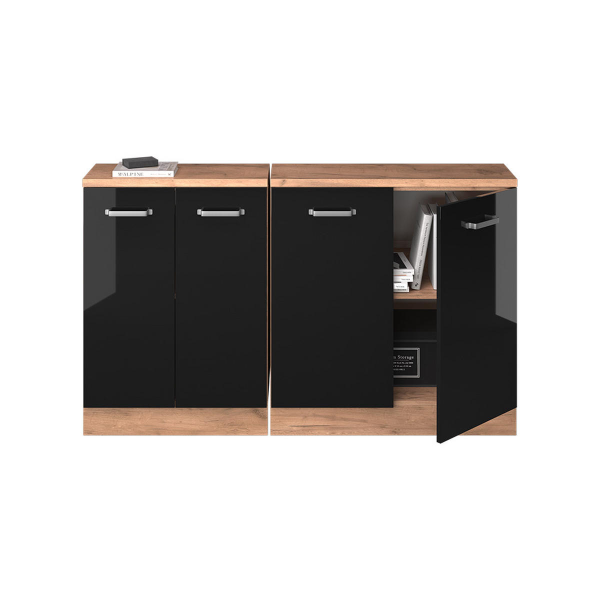 KUHINJSKI ORMAR ZA KOSINE KROVA R-Line Sjajna Crna 140 cm Set od 2 korpusa ormara, dubina 60 cm - hrast medunac/crna visoki sjaj, drvni materijal (140/83.8/60cm) - Vicco