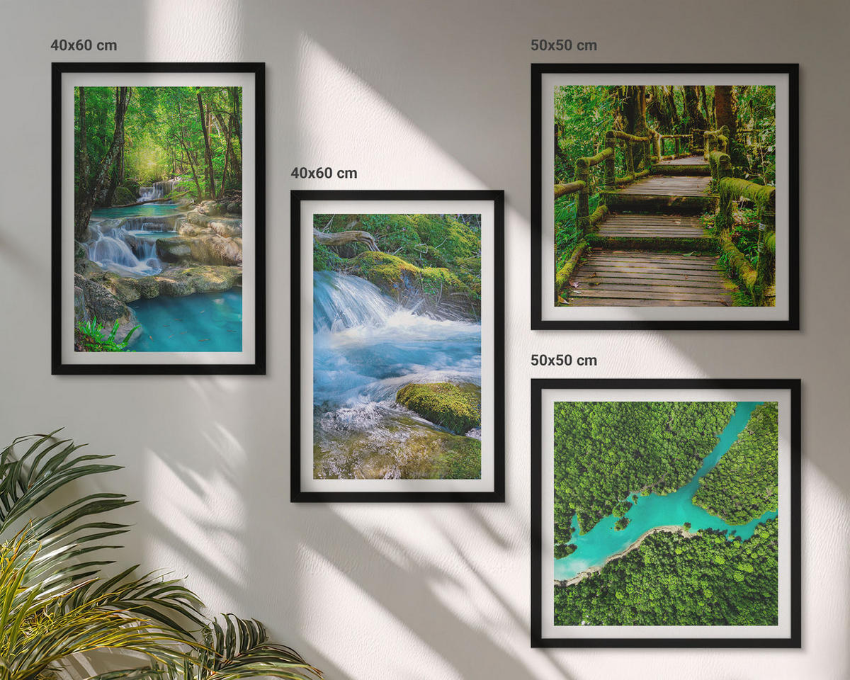 BILDER SET 4er Set - 50x50 cm & 40x60 cm Schwarzer Rahmen - Grüne Wälder, kristallklares Wasser - Schwarz, Kunststoff (50/50cm) - TULUP