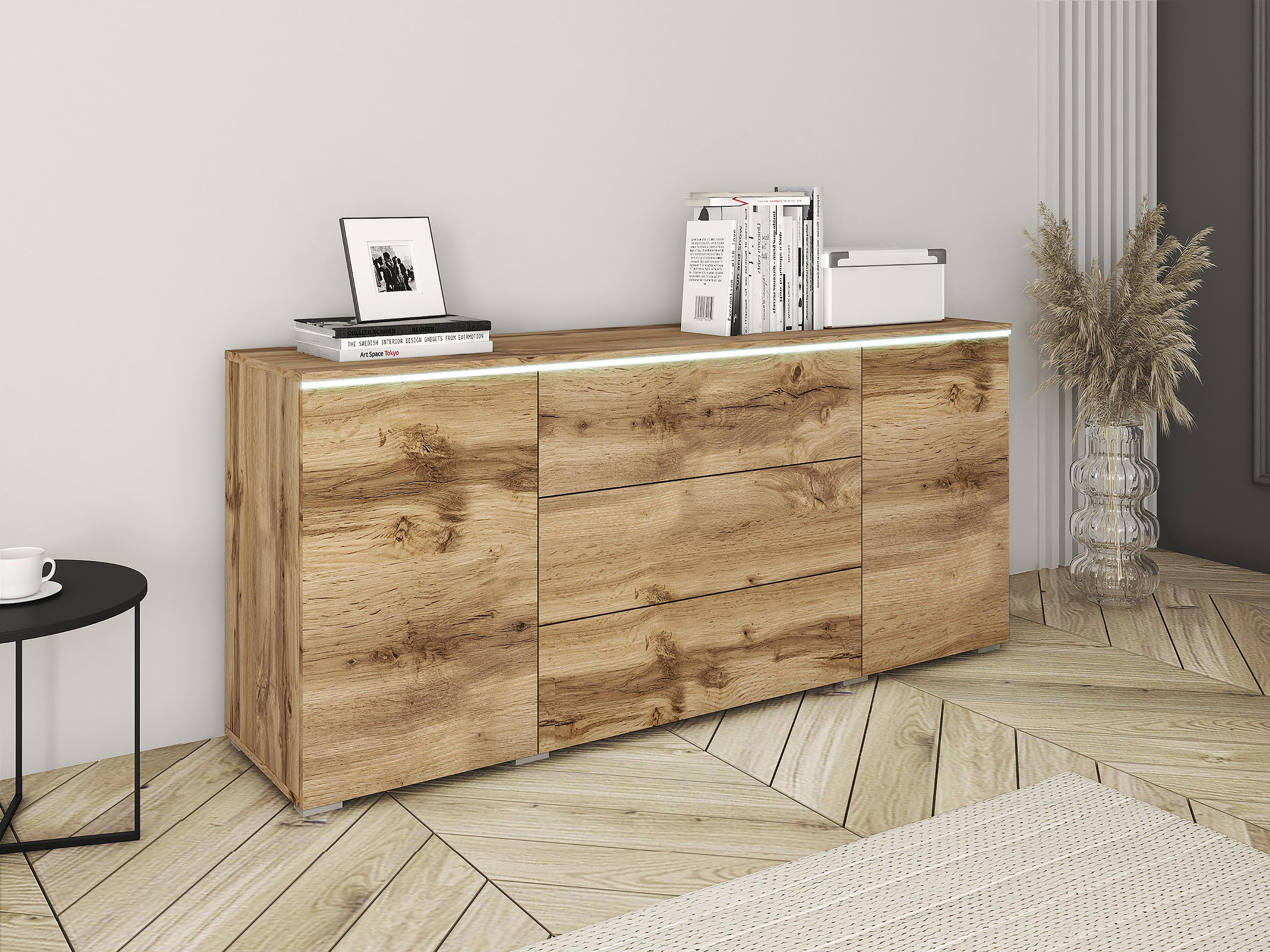 SIDEBOARD Vera 150 mit weißer LED Beleuchtung - Eiche Wotan, Holzwerkstoff (150/66/40cm) - MIRJAN24