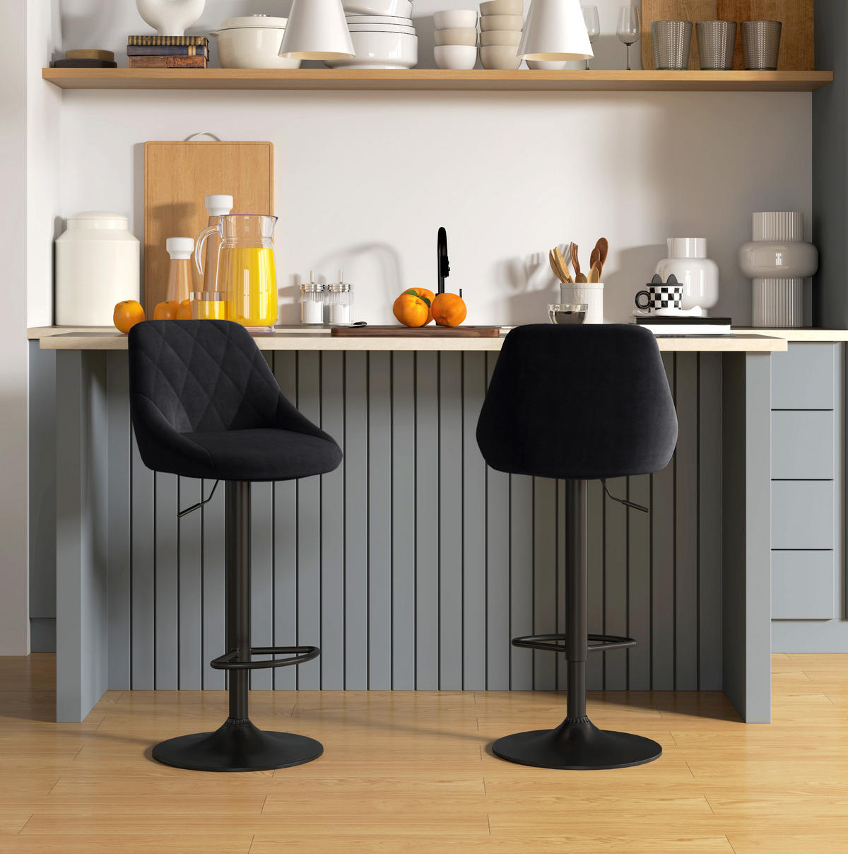 BARHOCKER höhenverstellbar 2er-Set Black Polyester Metall - Schwarz, Metall (48/83/51.5cm) - Meubliv