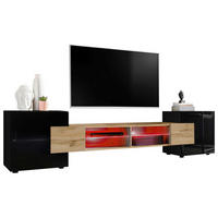 LOWBOARD MERANO Black, LED Beleuchtung Mehrfarbige - Eiche Wotan/Schwarz, Glas/Holzwerkstoff (230/52.5/35cm) - Komodee