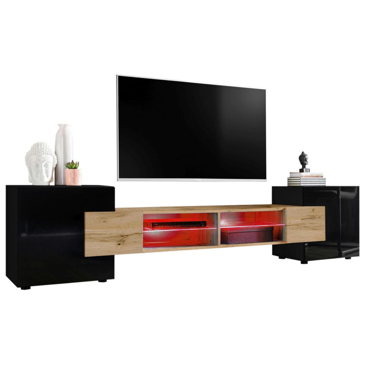 LOWBOARD MERANO Black, LED Beleuchtung Mehrfarbige - Eiche Wotan/Schwarz, Glas/Holzwerkstoff (230/52.5/35cm) - Komodee