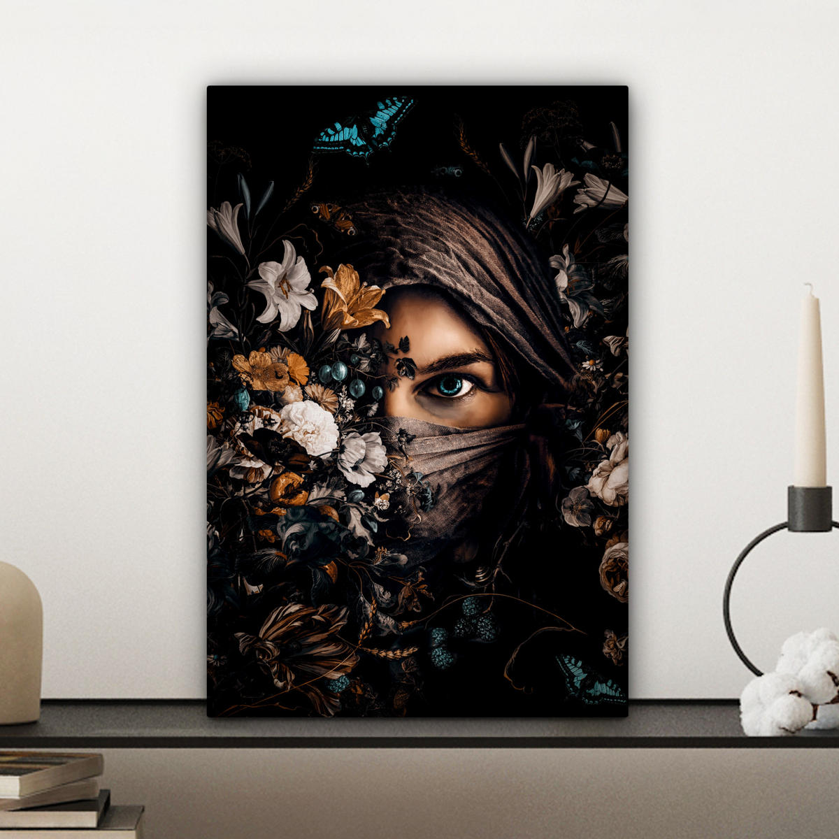 LEINWANDBILD Frau - Luxus - Blumen - Schmetterling - Porträt 20x30 cm - Schwarz, Textil (20/30cm) - MuchoWow