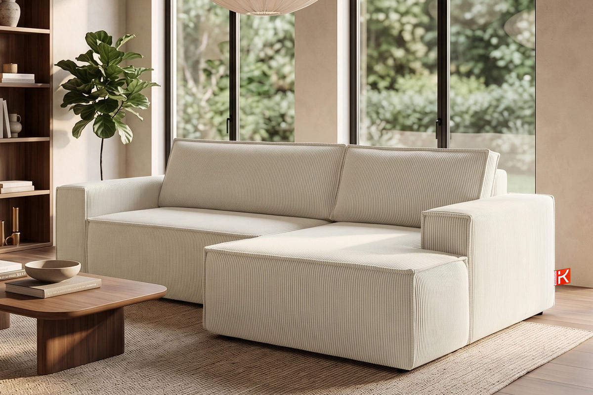 ECKSCHLAFSOFA-RECHTS NAPI in Pet Friendly Cord-Stoff, ecrufarben - Creme/Schwarz, Textil (262/148cm) - KONSIMO®