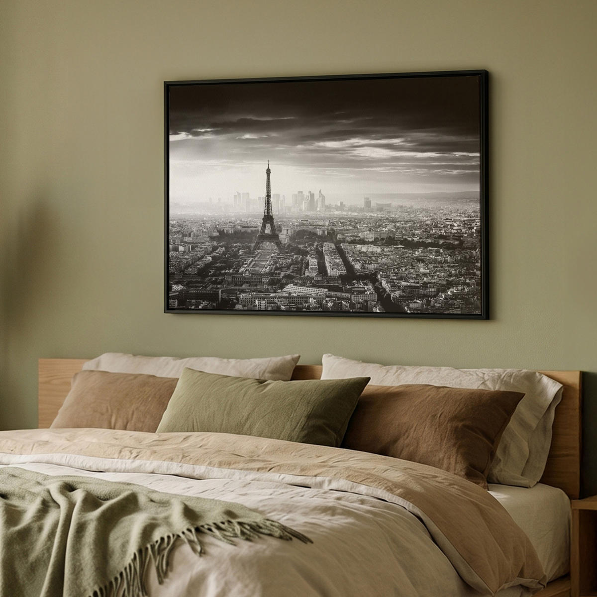 LEINWAND Bilder mit Rahmen - Paris - Skyline - Eiffelturm - Stadt - Wolken - 100x70 - Dunkelgrau, Textil (100/70cm) - MuchoWow