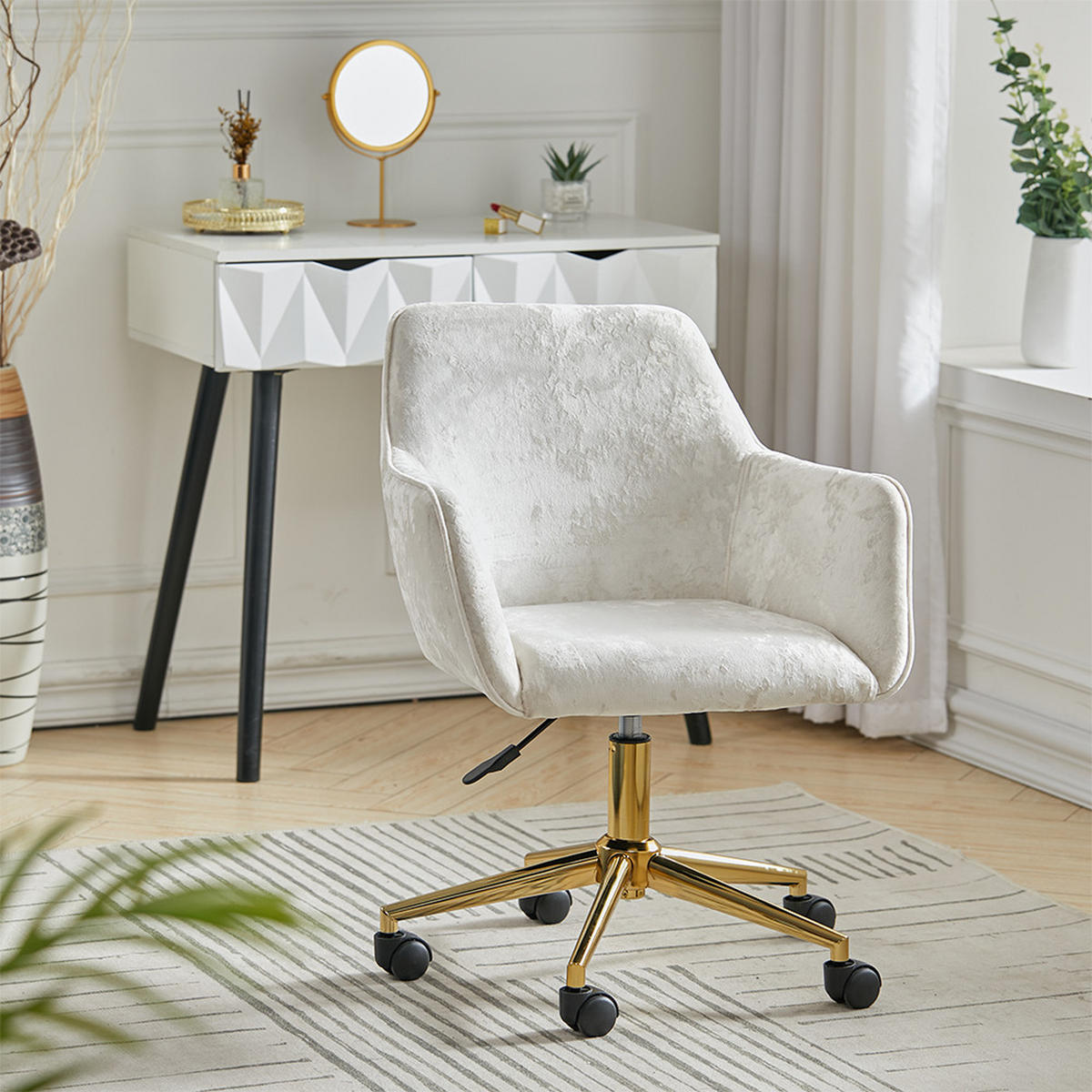 DREHSTUHL Home-Office-Stuhl aus Schaumstoff Metall mit Armlehnen Rollen und Samtbezug GoldfußBeige Höhenverstellbarer 60 x 50 x 81-88 cm - Beige/Goldfarben, Textil/Metall (60/88/50cm) - Livingandhome