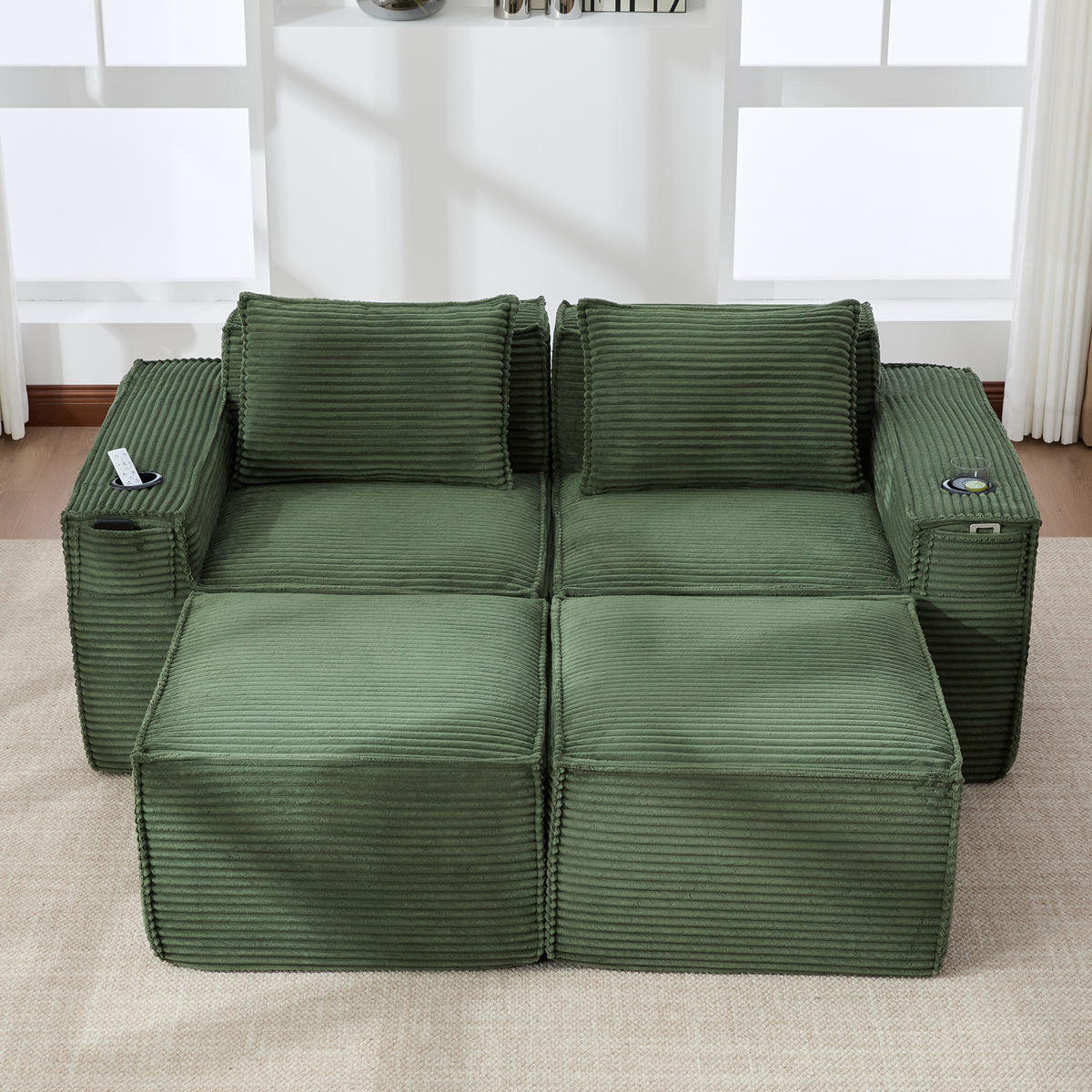 2-SITZER-SOFA DE-33836 mit 2 Hockern Grün - Grün, Textil (188/75/162cm) - ComfortXL