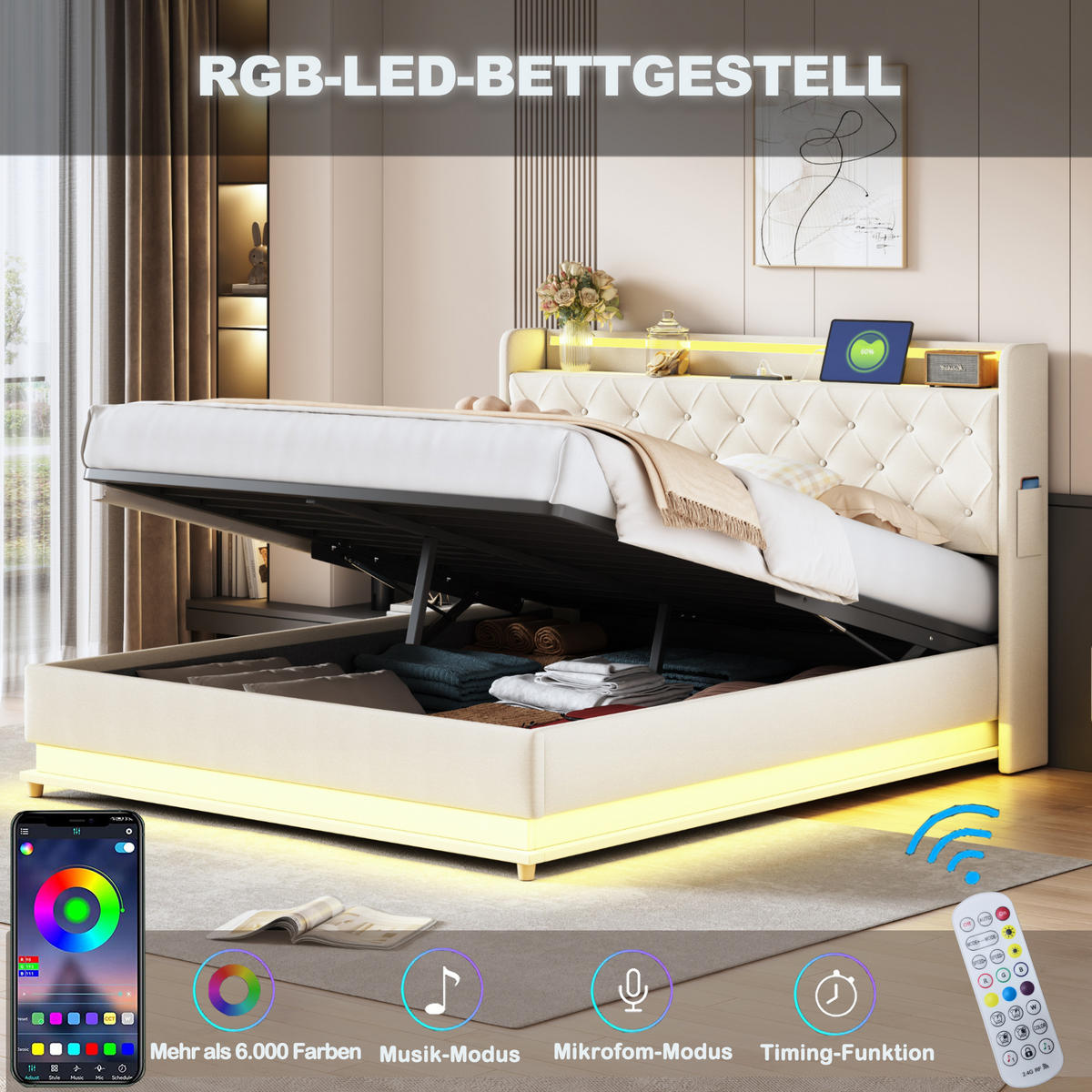 POLSTERBETT 160/200 cm in Beige Leinen mit Bettkasten, LED und USB - Beige, Holzwerkstoff/Textil (160/200cm) - WISHDOR