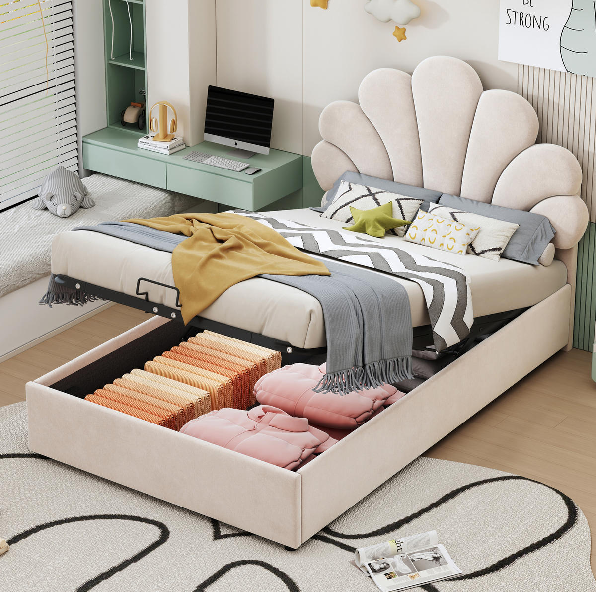 BETT mit hydraulischem Stauraum 90x200 cm Samt Beige - Beige, Metall (90/200cm) - Beauniv