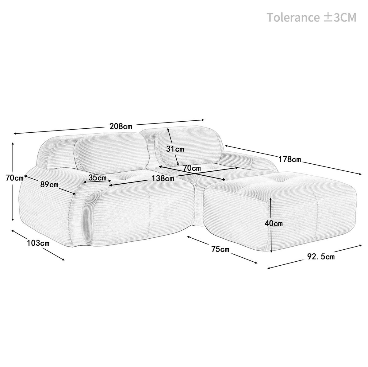 ECKSOFA modular, rahmenlos, mit geschwungenen Armlehnen und Cordbezug, Schwarz - Schwarz, Textil (208/178cm) - Redom