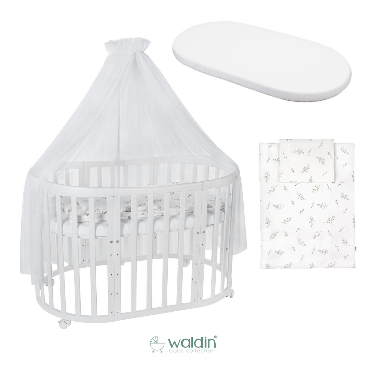 BABYBETT WHITE OVAL 7in1 mit Matratze und Himmelset - Weiß, Holz/Textil