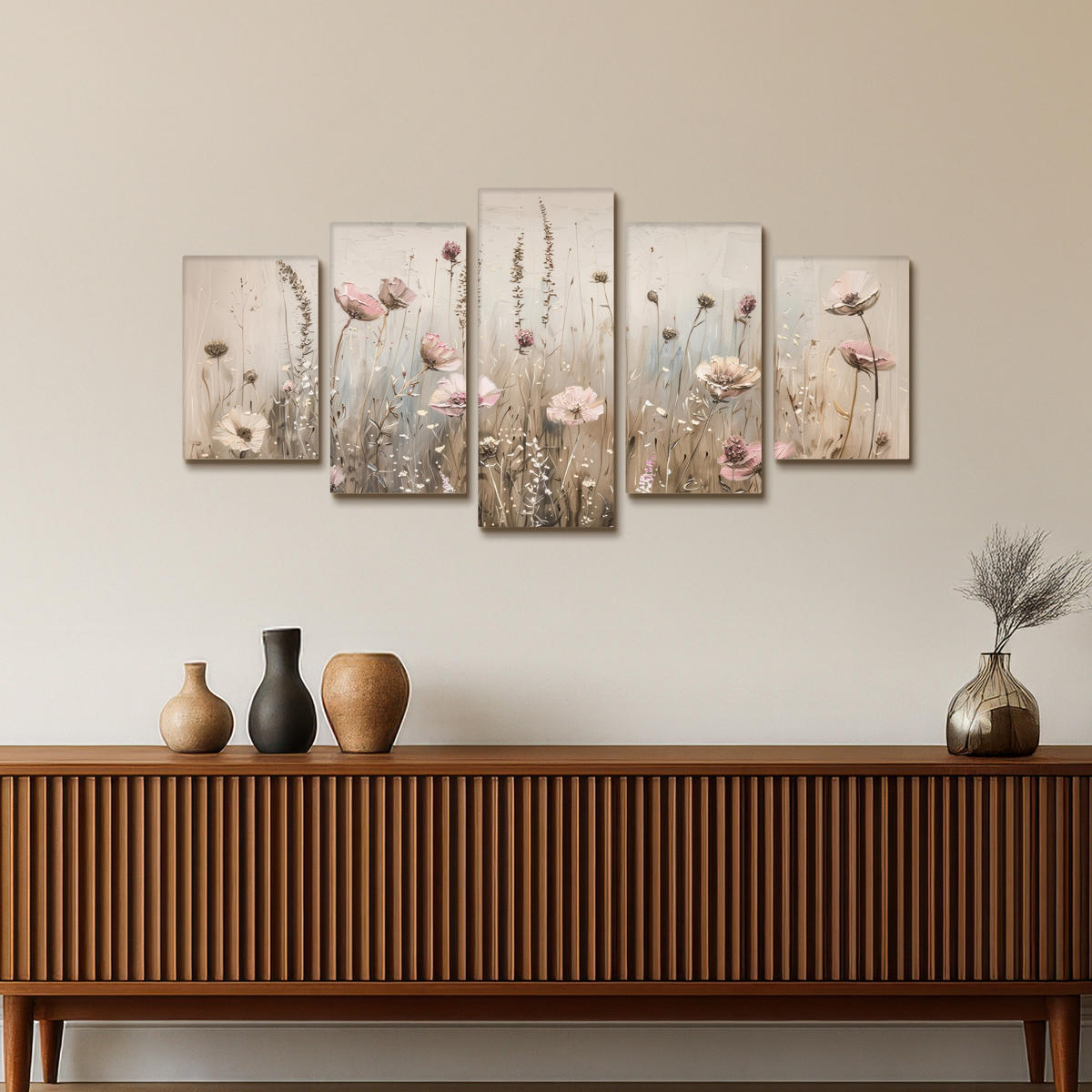 LEINWANDBILD 5er Set Blumen - Beige - Modern - Rosa 100x50 cm - Ecru, Textil (100/50cm) - MuchoWow