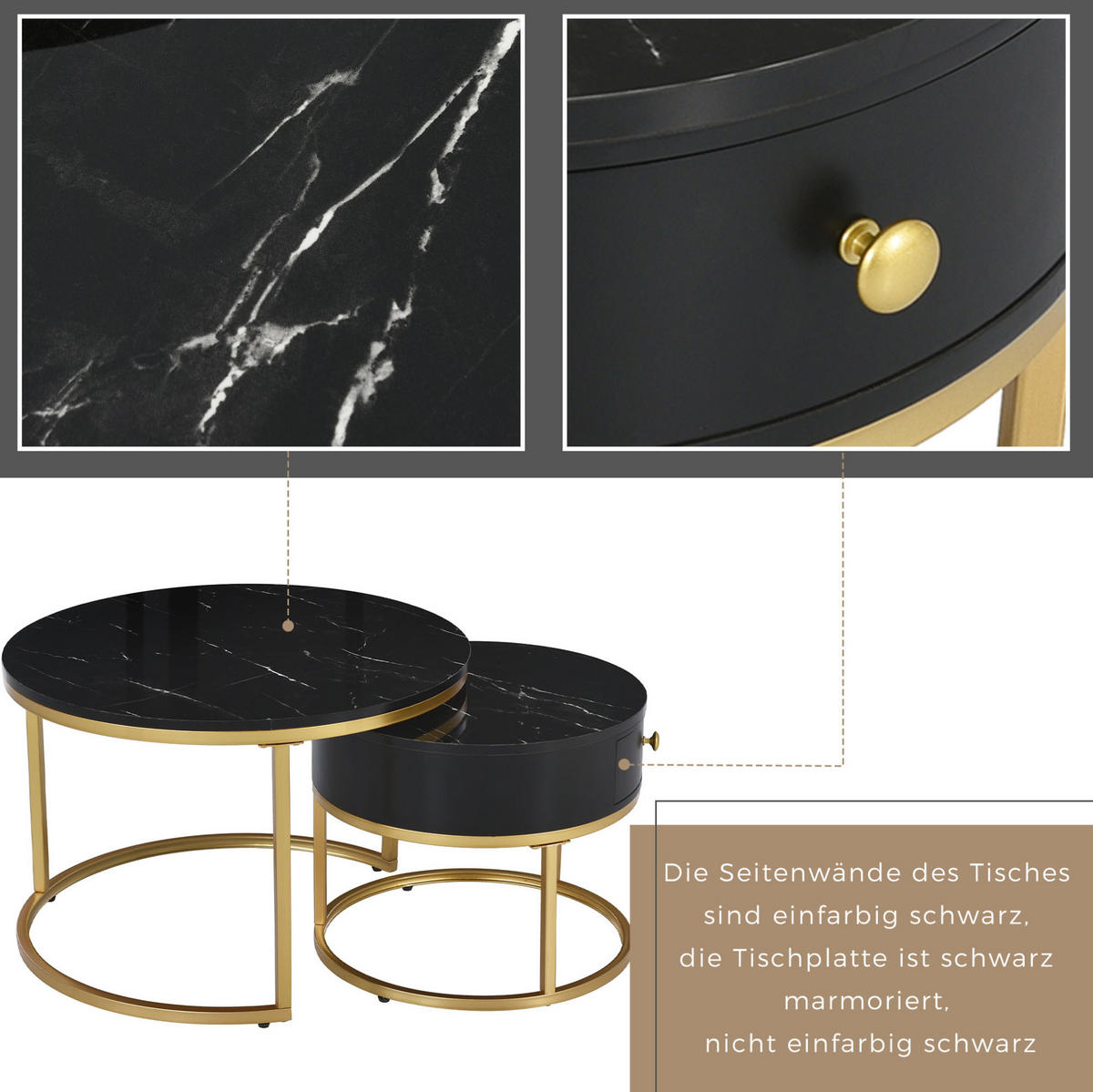 COUCHTISCH 70/50 cm in Schwarz aus MDF mit Hochglanz in Marmoroptik - Schwarz, Holzwerkstoff (70/70/48cm) - OKMYHOME