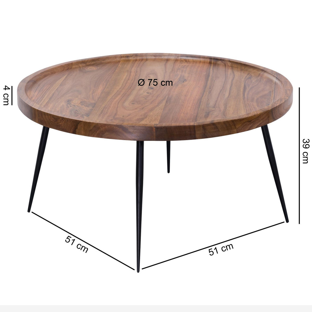 COUCHTISCH Industrial-Stil Rund, Holzplatte und Metallbeine, Handgefertigt, Pflegeleicht - Schwarz/Braun, Holz/Metall (75/75/39cm) - KADIMA DESIGN