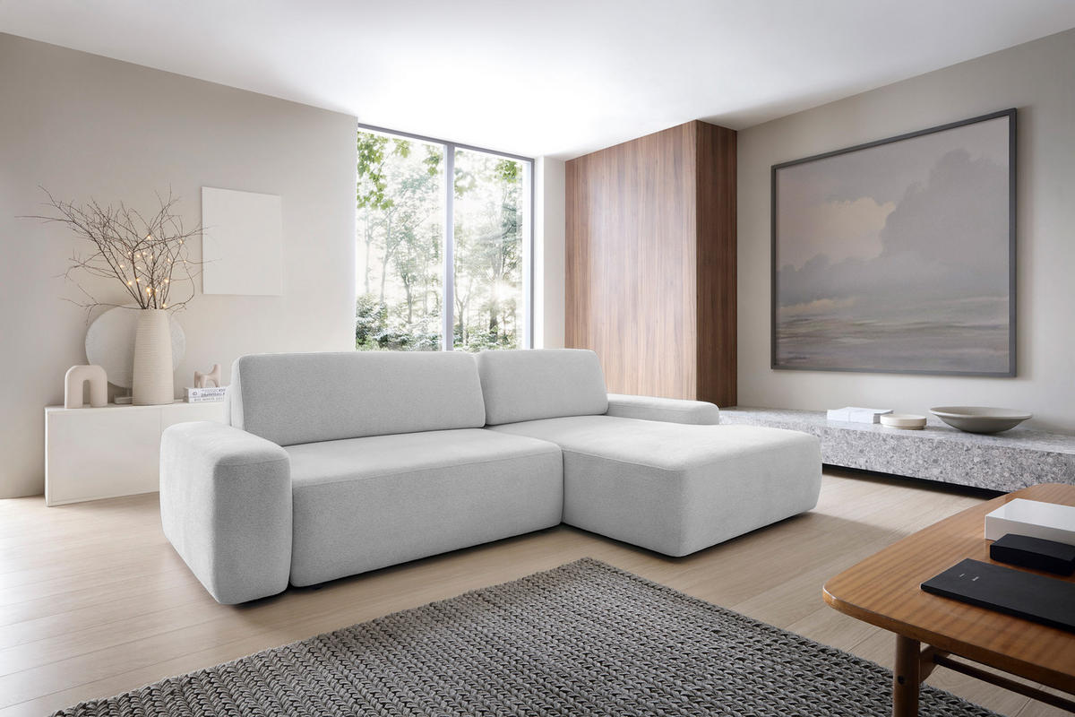 ECKSOFA BOULI 4-Sitzer Polstersofa Raven mit Schlaffunktion 130x210 cm Bettzeugablage 264x162x82 cm rechts, Farbe: Grau​ - Silberfarben, Holz/Textil (264/162cm) - DomoHome